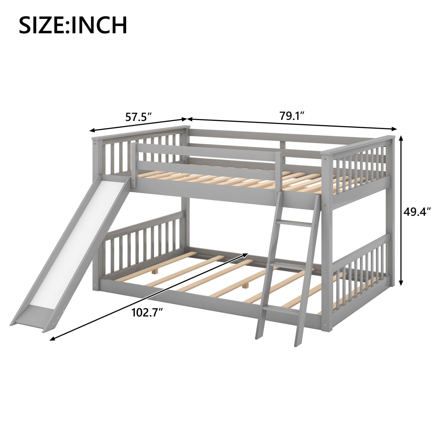 Full Over Full Bunk Bed with Slide & Ladder - Gray - Just Better Bunk Beds