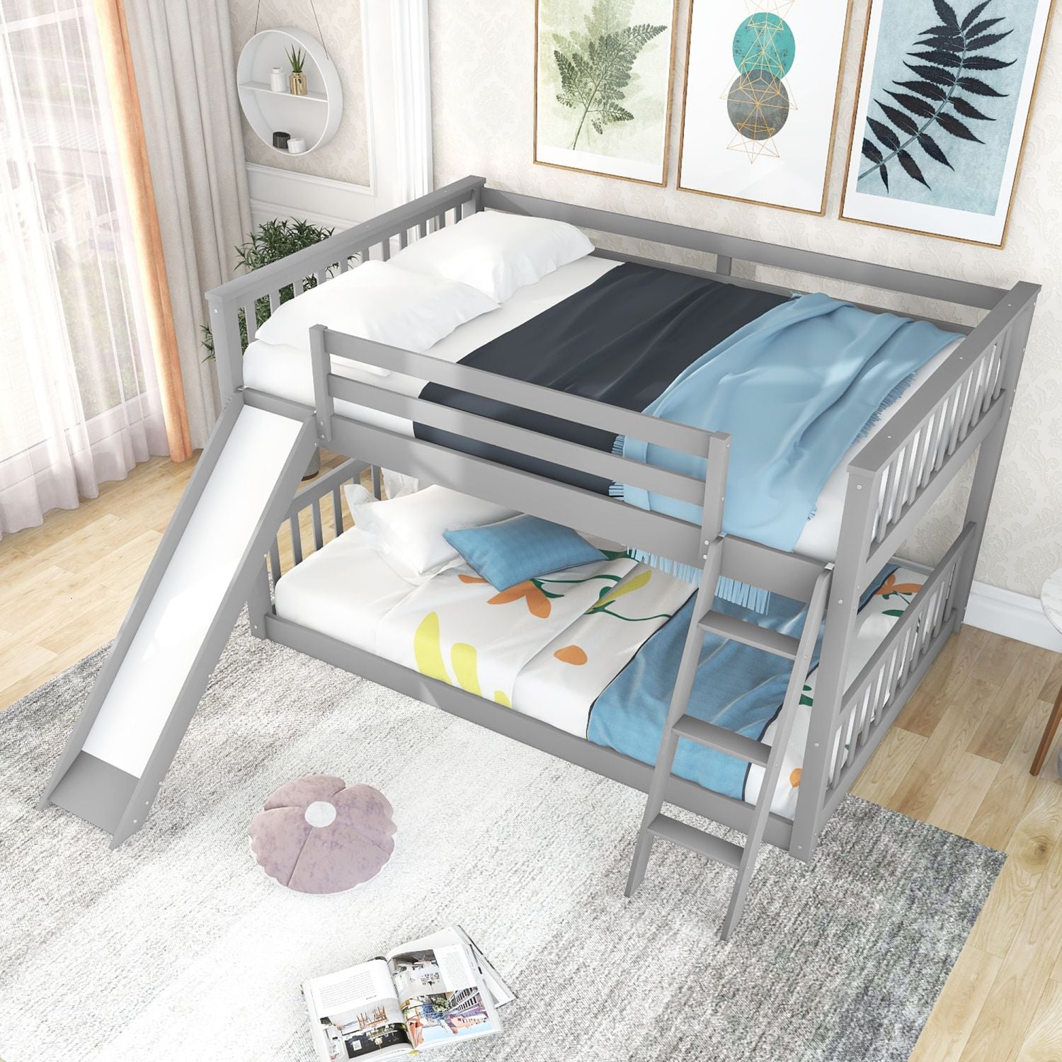 Full Over Full Bunk Bed with Slide & Ladder - Gray - Just Better Bunk Beds