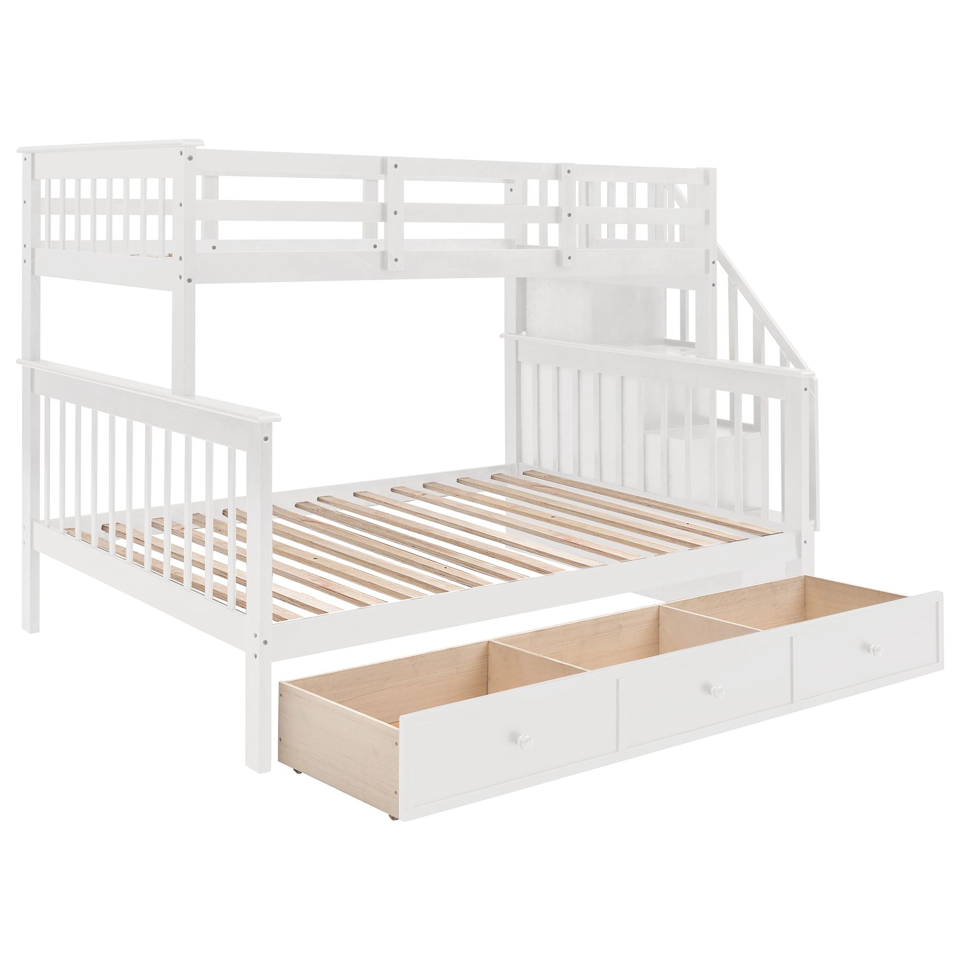 Stairway Twin-Over-Full Bunk Bed with Drawer, Storage and Guard Rail for Bedroom, Dorm, for Adults, White