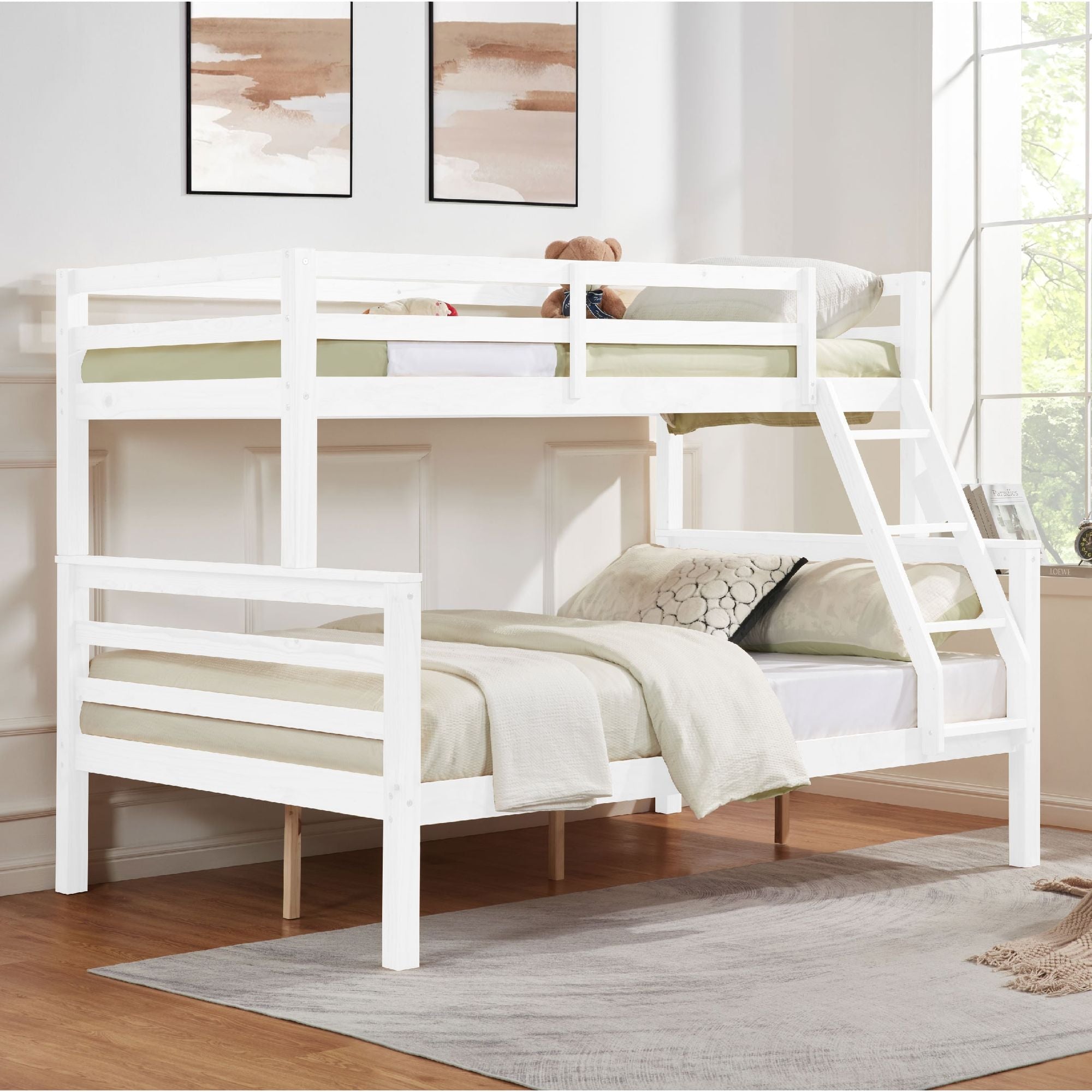 Kids Bedroom Twin Over Full Wood Bunk Bed with Thick Posts, High Guardrail, Ladder, White | Just Better Bunk Beds