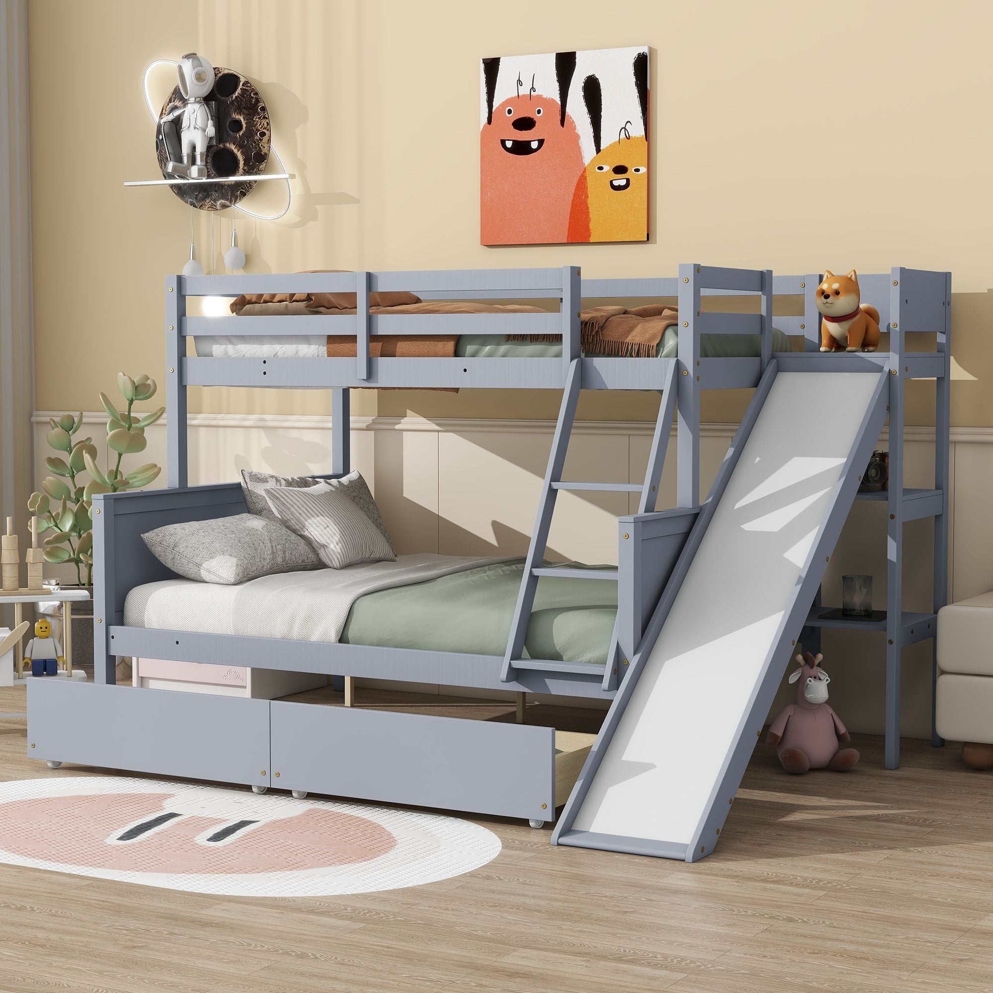 Twin Over Full Wood Bunk Bed with Slide, Ladder & 2 Drawers - Gray - Just Better Bunk Beds