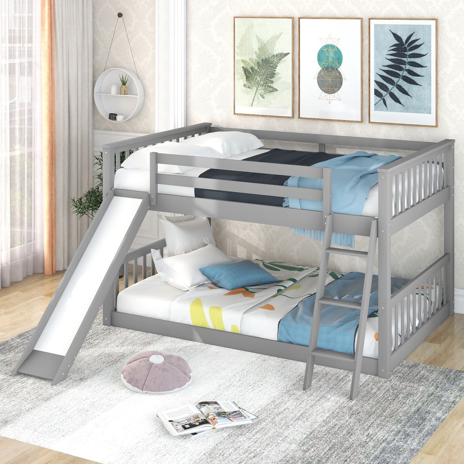 Full Over Full Bunk Bed with Slide & Ladder - Gray - Just Better Bunk Beds