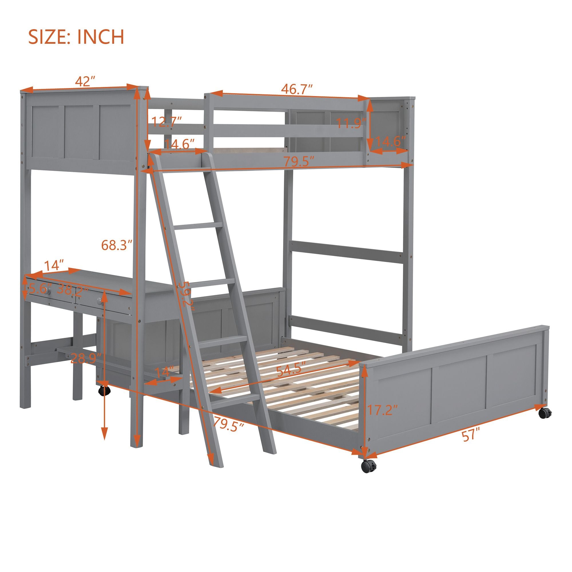 Twin Over Full Bunk Bed with Desk - Gray - Just Better Bunk Beds