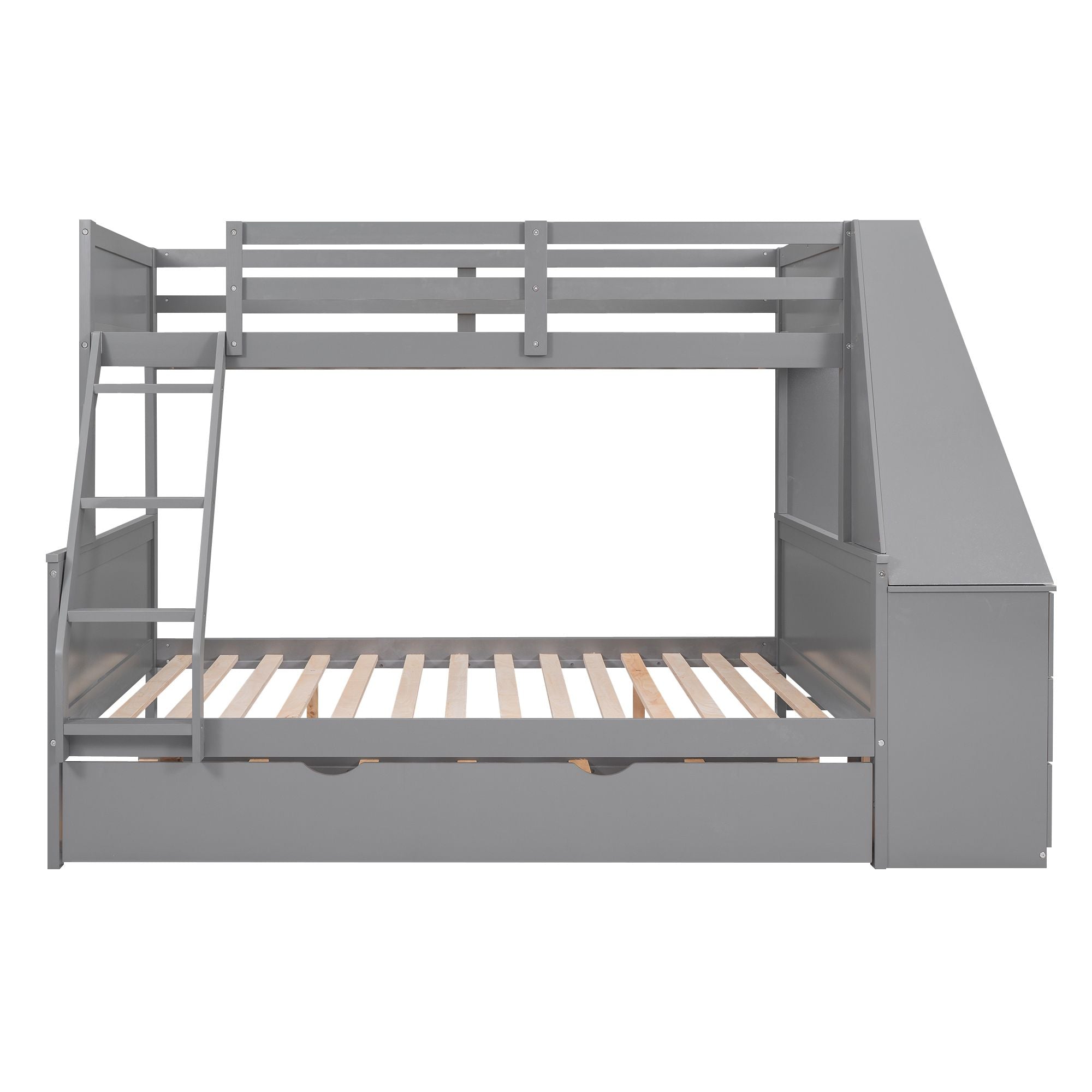 Twin over Full Bunk Bed with Trundle and Built-in Desk; Three Storage Drawers and Shelf