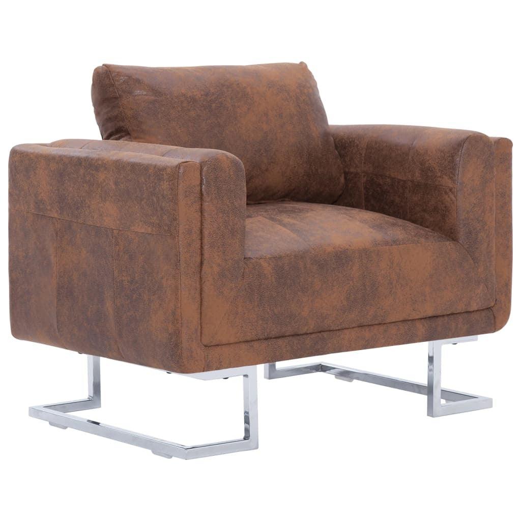Cube Armchair Brown Faux Suede Leather - PRHOMZ