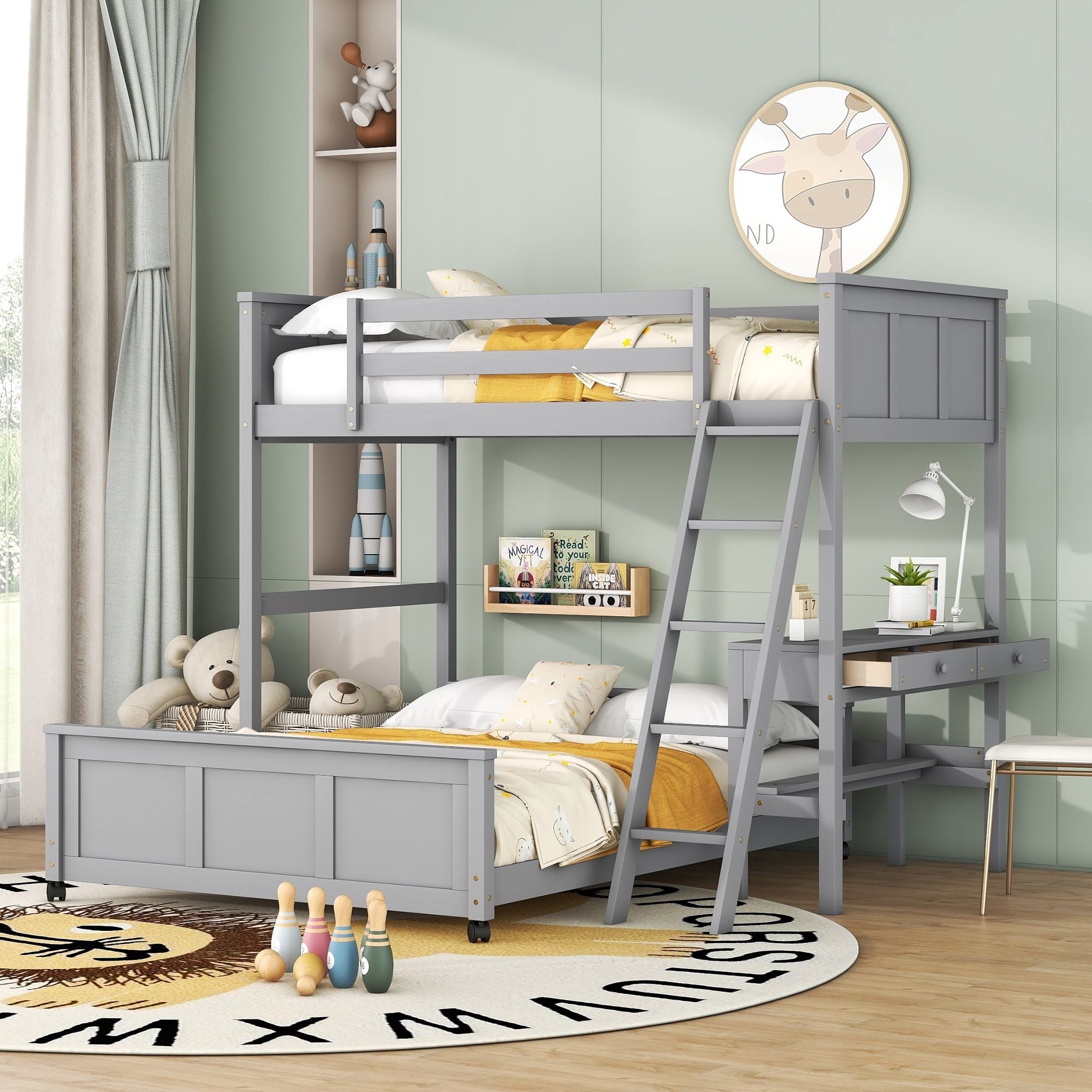 Twin Over Full Bunk Bed with Desk - Gray - Just Better Bunk Beds