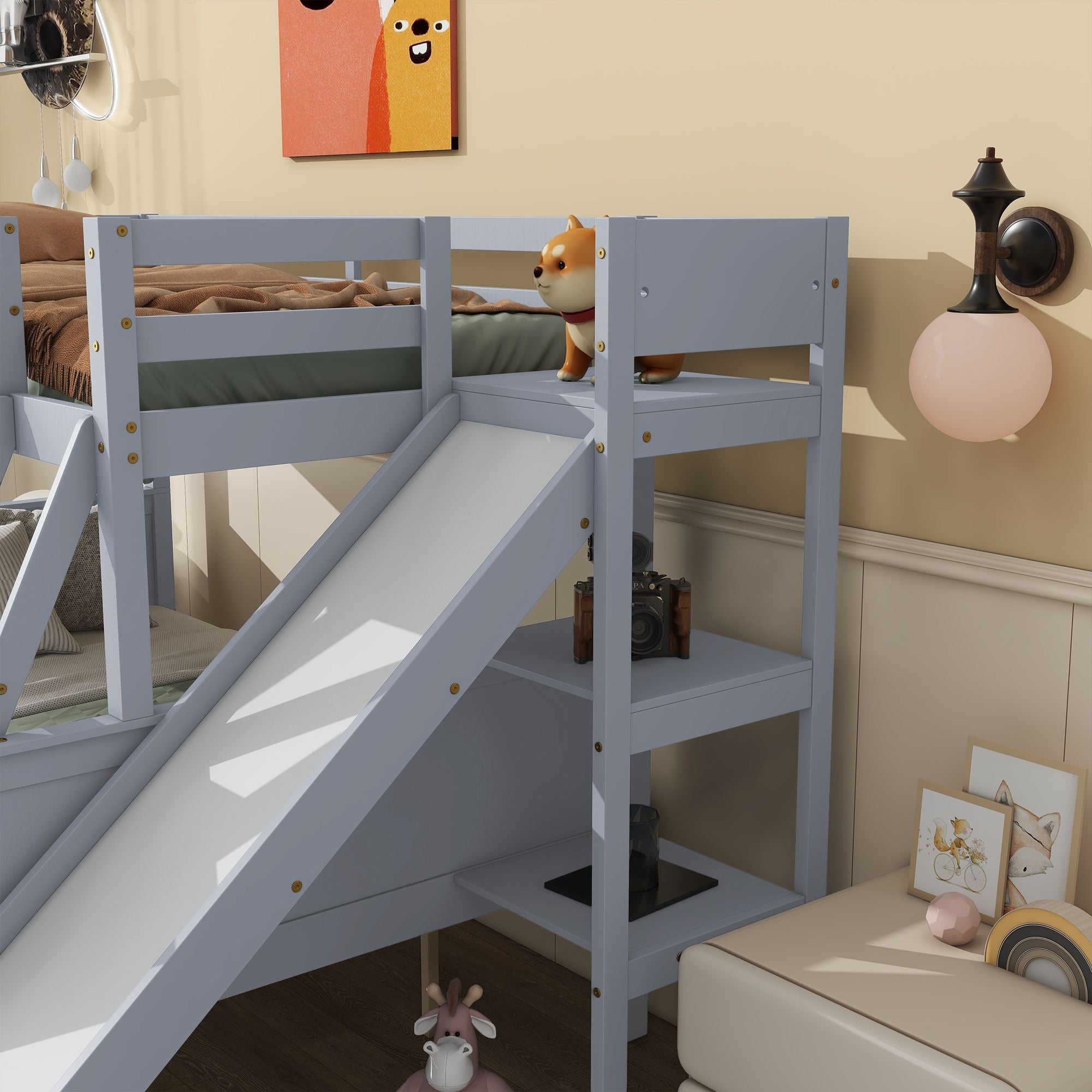 Twin Over Full Wood Bunk Bed with Slide, Ladder & 2 Drawers - Gray - Just Better Bunk Beds