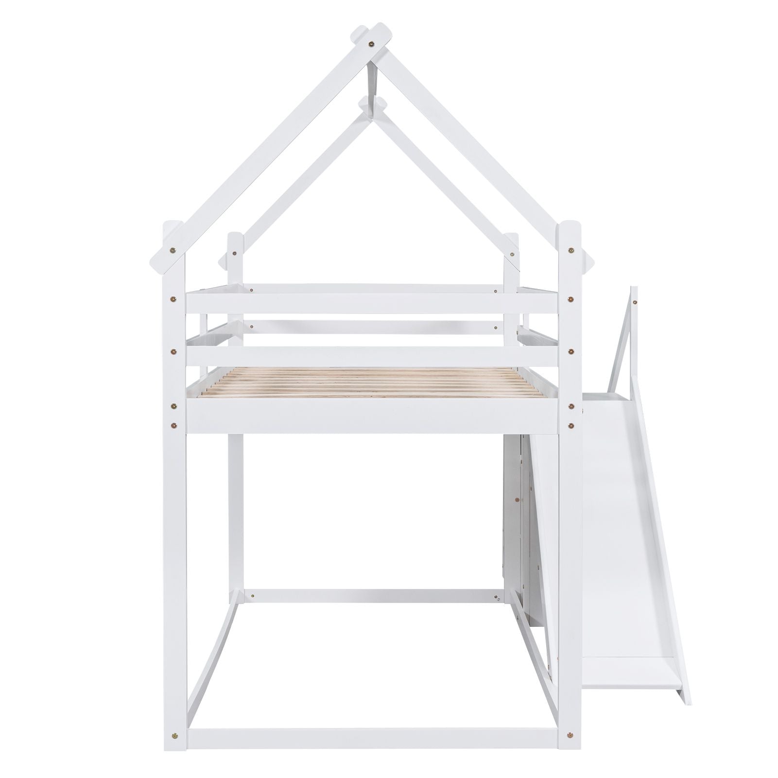 Kids Bedroom Twin Over Twin Wood House Loft Bed with Slide and Staircase, White | Just Better Bunk Beds
