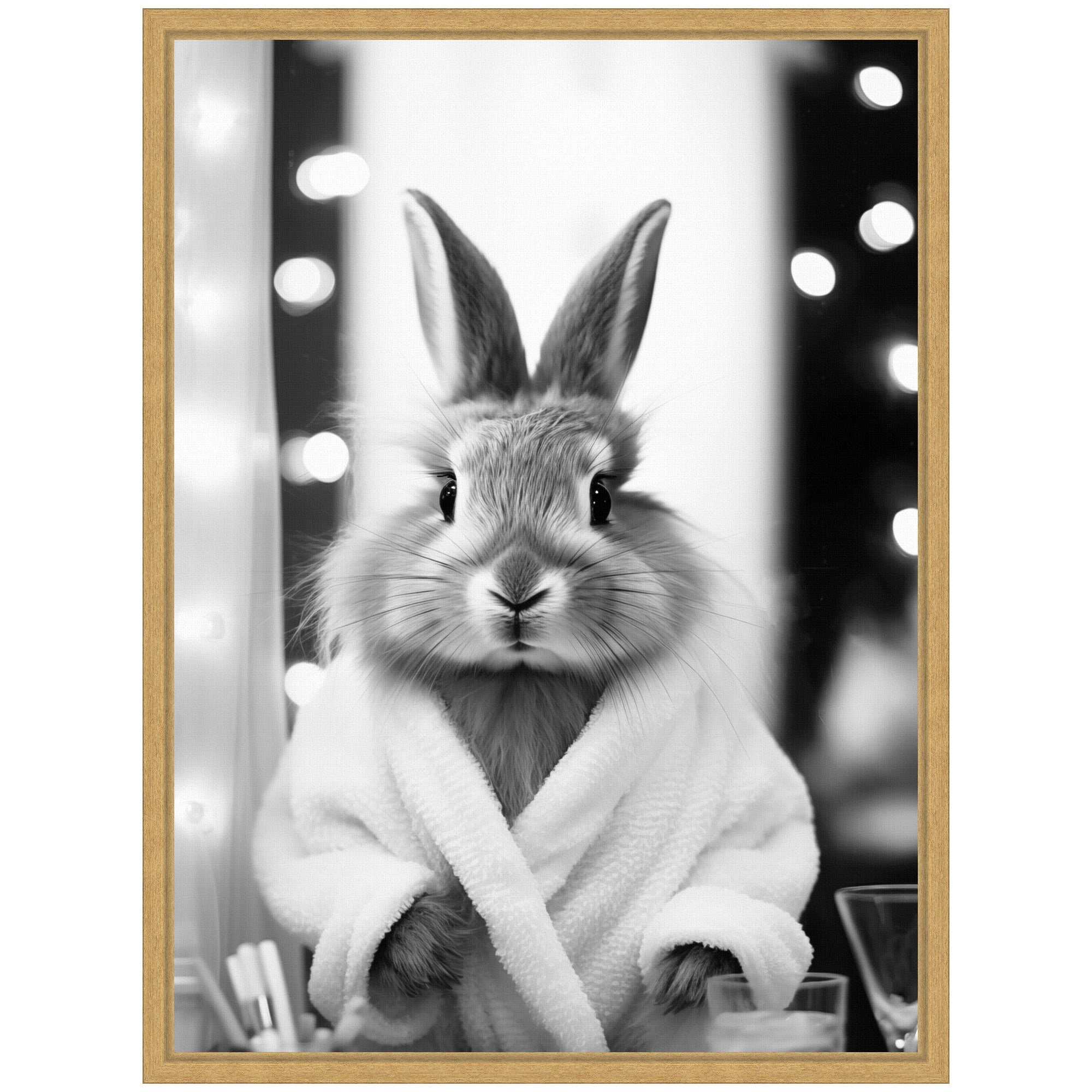 Sylvie Bunny Glam Bathroom Art Towel Robe Black and White Framed Canvas by The Creative Bunch Studio