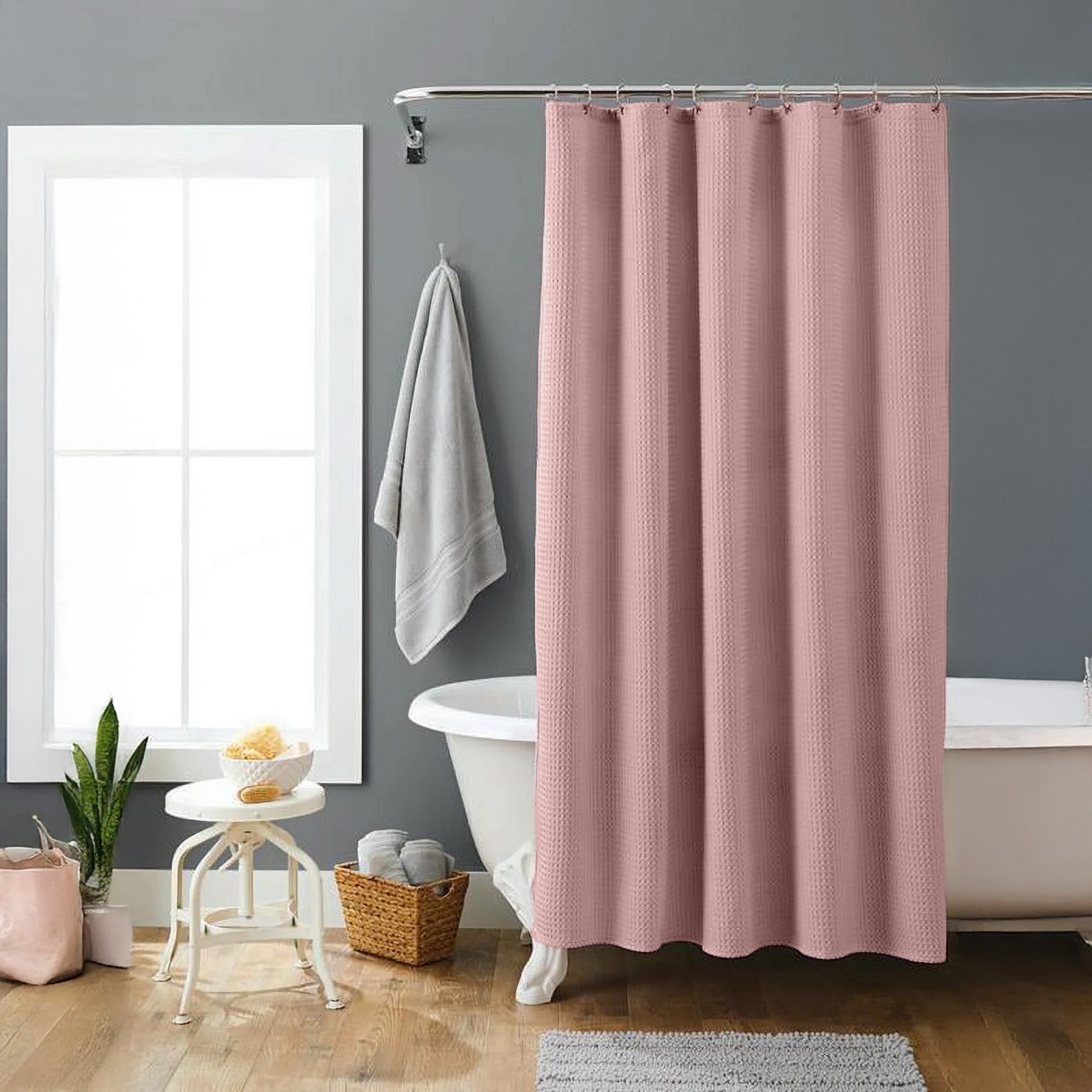 Dusty Pink Organic Cotton Waffle Shower Curtain | Mold Resistant | Quick Dry-2