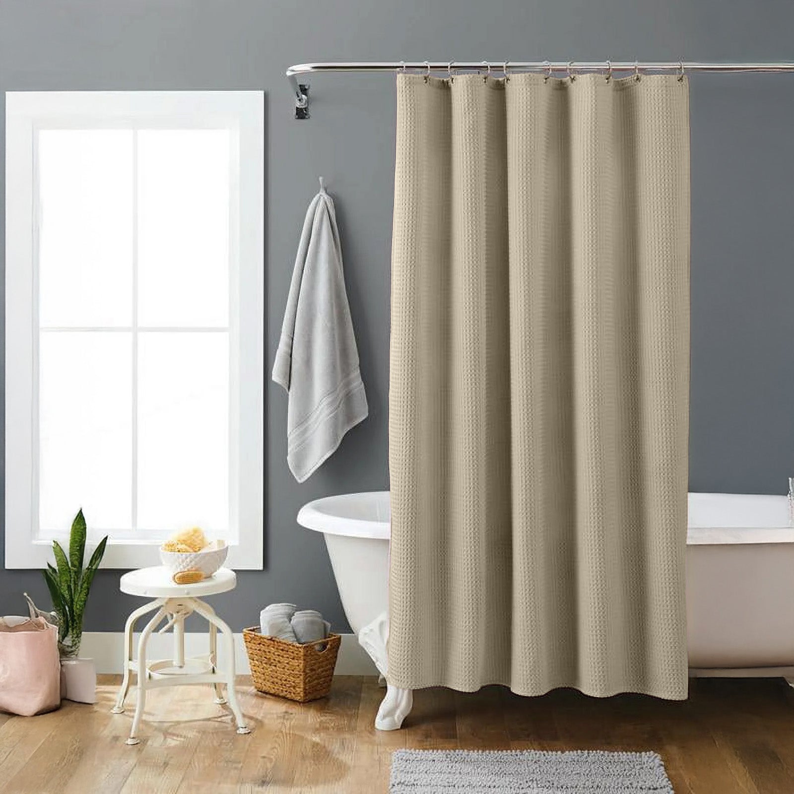 Beige Organic Cotton Waffle Shower Curtain | Neutral & Stylish | Mold Resistant | Quick Dry-2