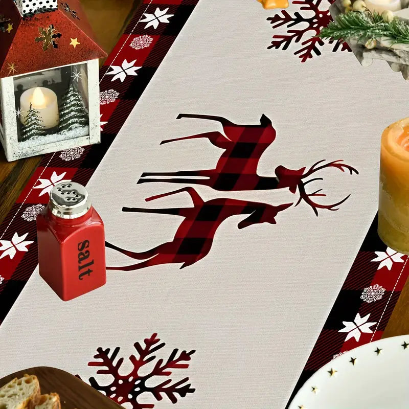 Seasonal Winter Holiday Table Runner - Red and Black Buffalo Check Plaid with Santa Claus & Snowflake Patterns-4