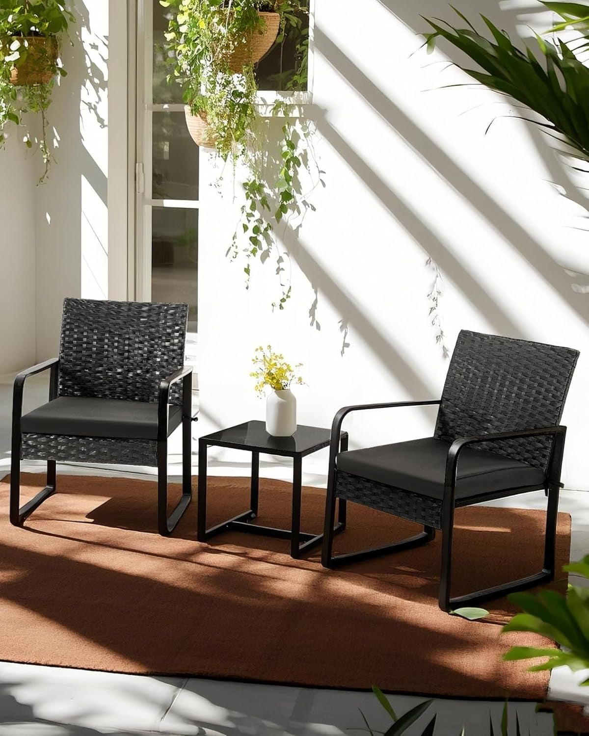 3 Piece Outdoor Patio Furniture Set Wicker Conversation Set With Glass Coffee Table