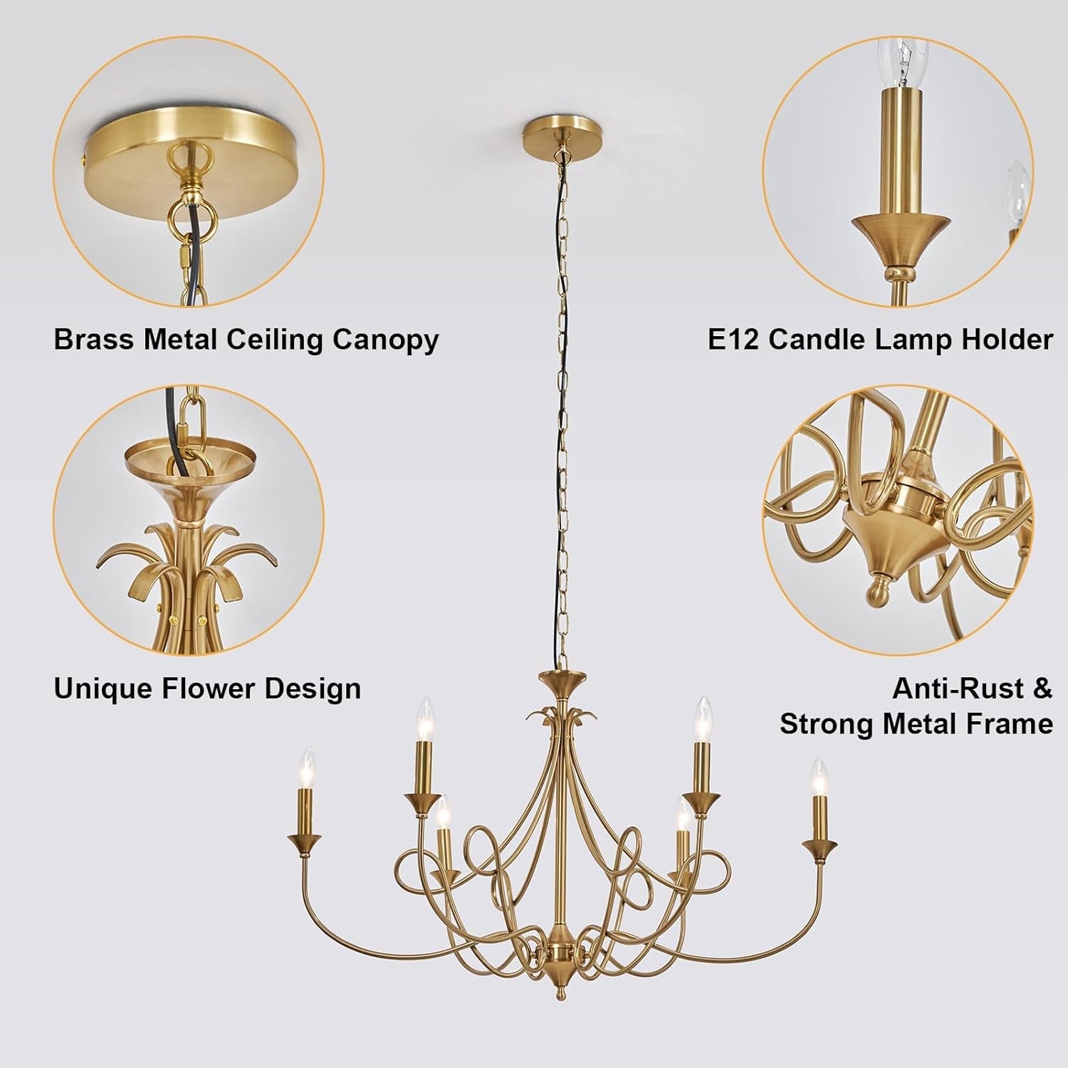 Six-Light 36.6-Inch Brass Candle Chandelier Dining Room-4