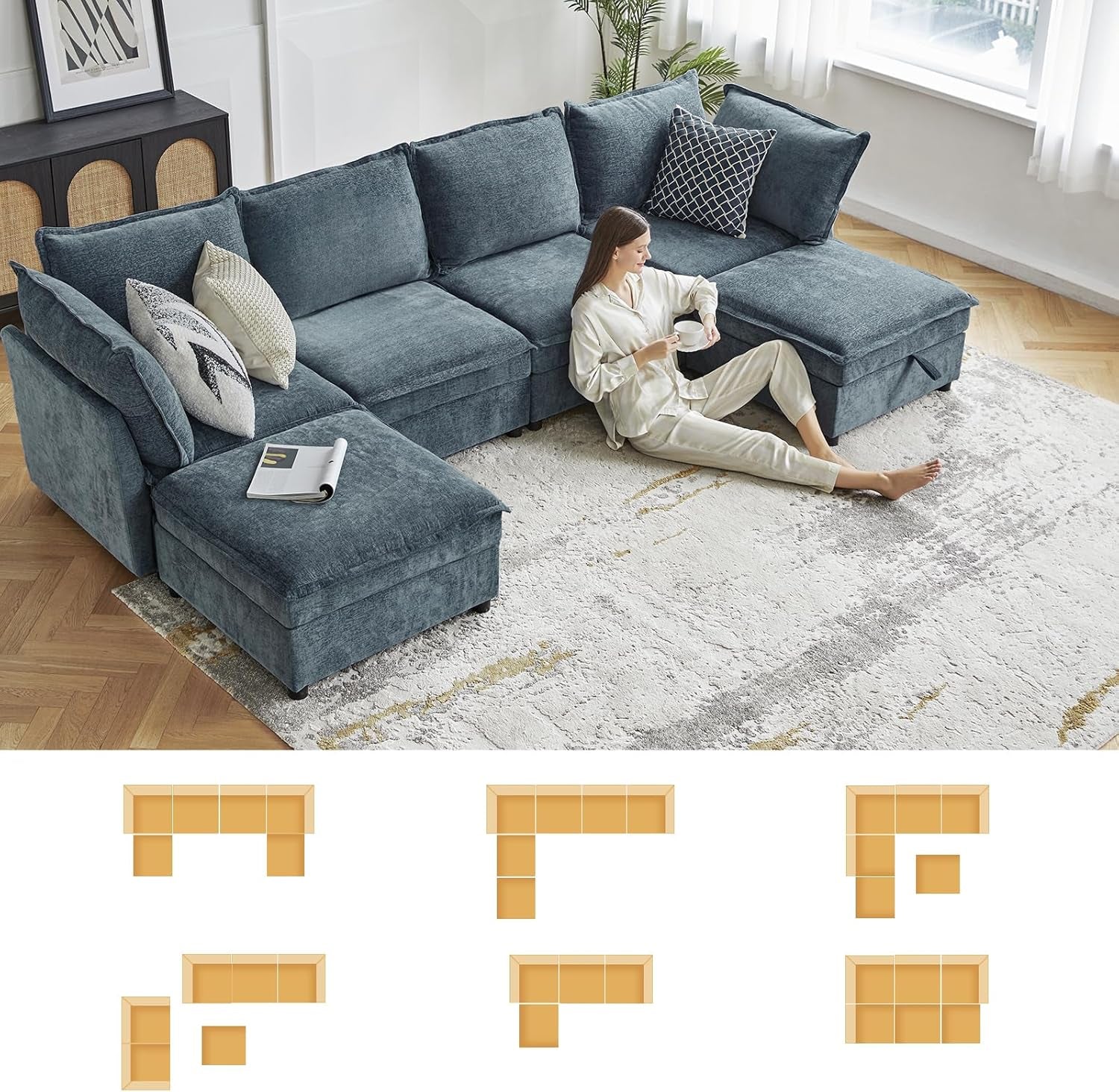 127 Inch Modular Sectional Sofa Blue Chenille U Shaped