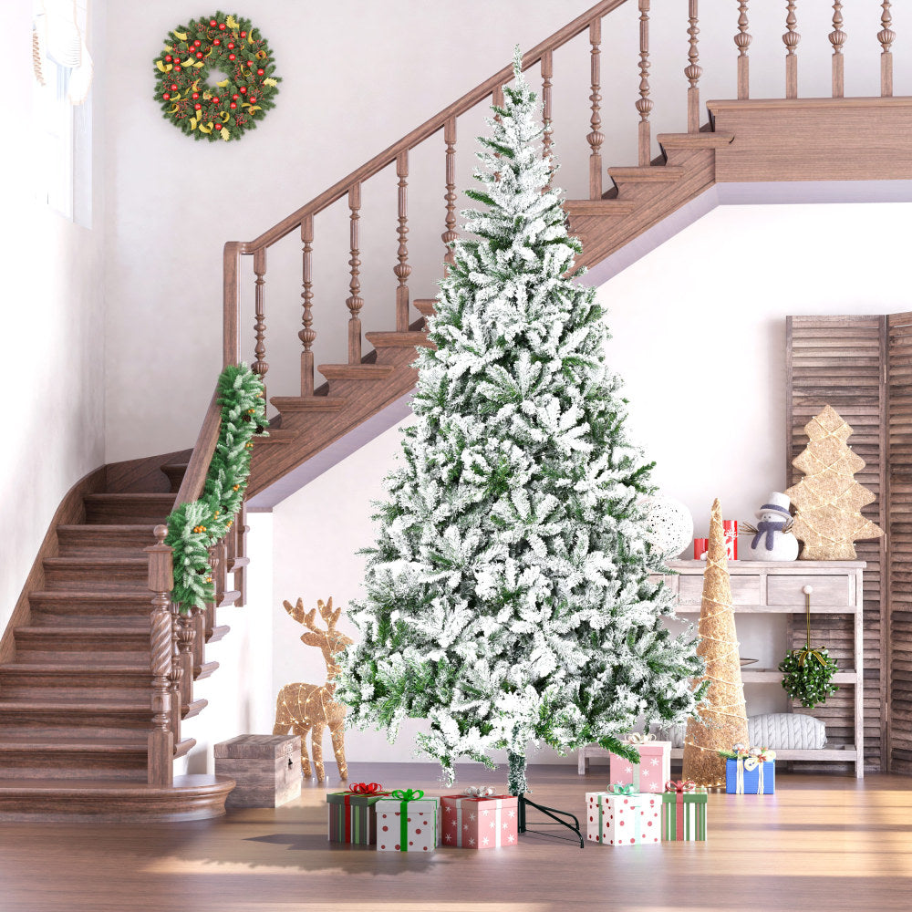 9 FT Snow Flocked Artificial Christmas Tree | Unlit Pine with Realistic Branches & Auto-Open Design — Green