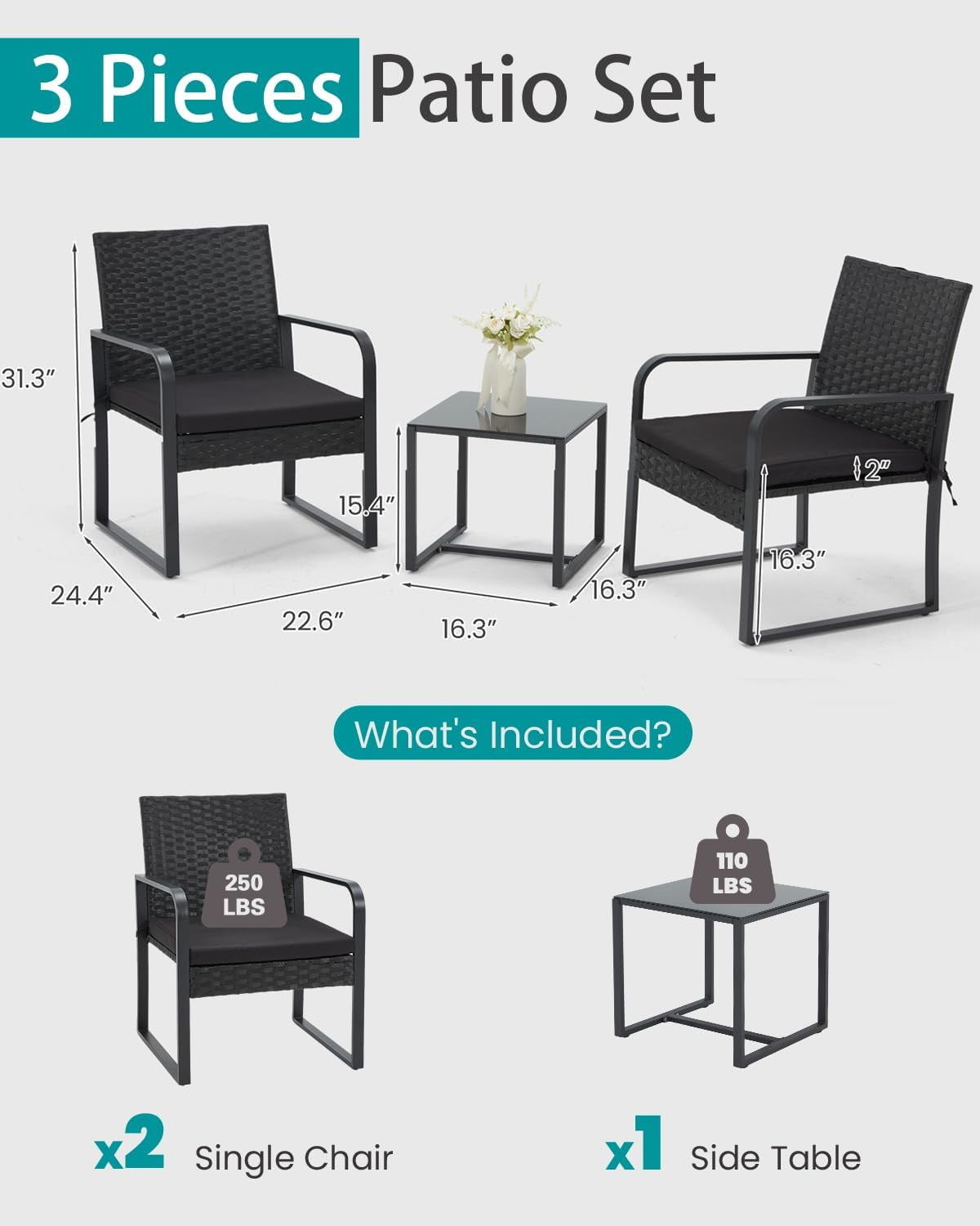 3 Piece Outdoor Patio Furniture Set Wicker Conversation Set With Glass Coffee Table