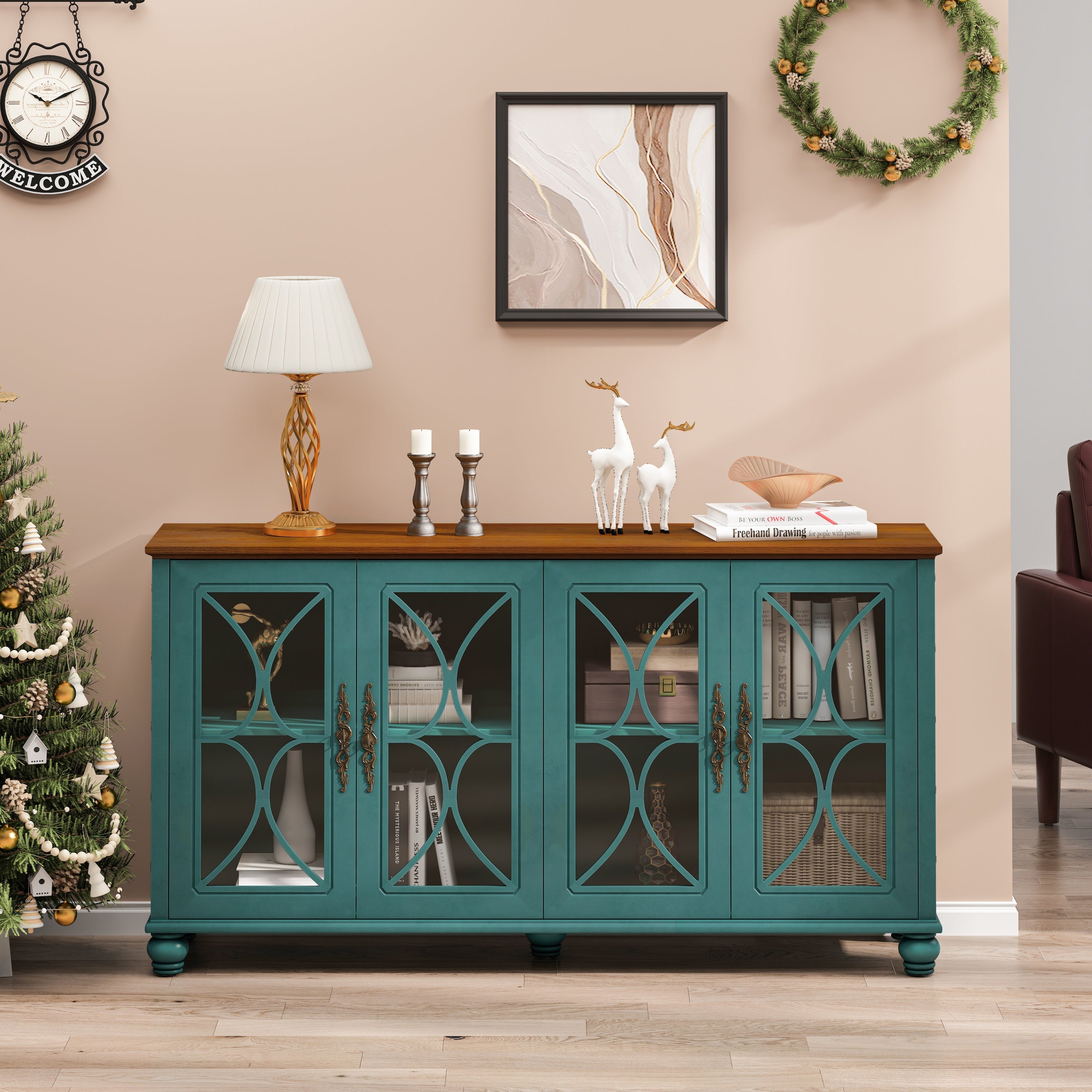 Elegant European Antique Style 4-Door Cabinet with Tempered Glass Doors