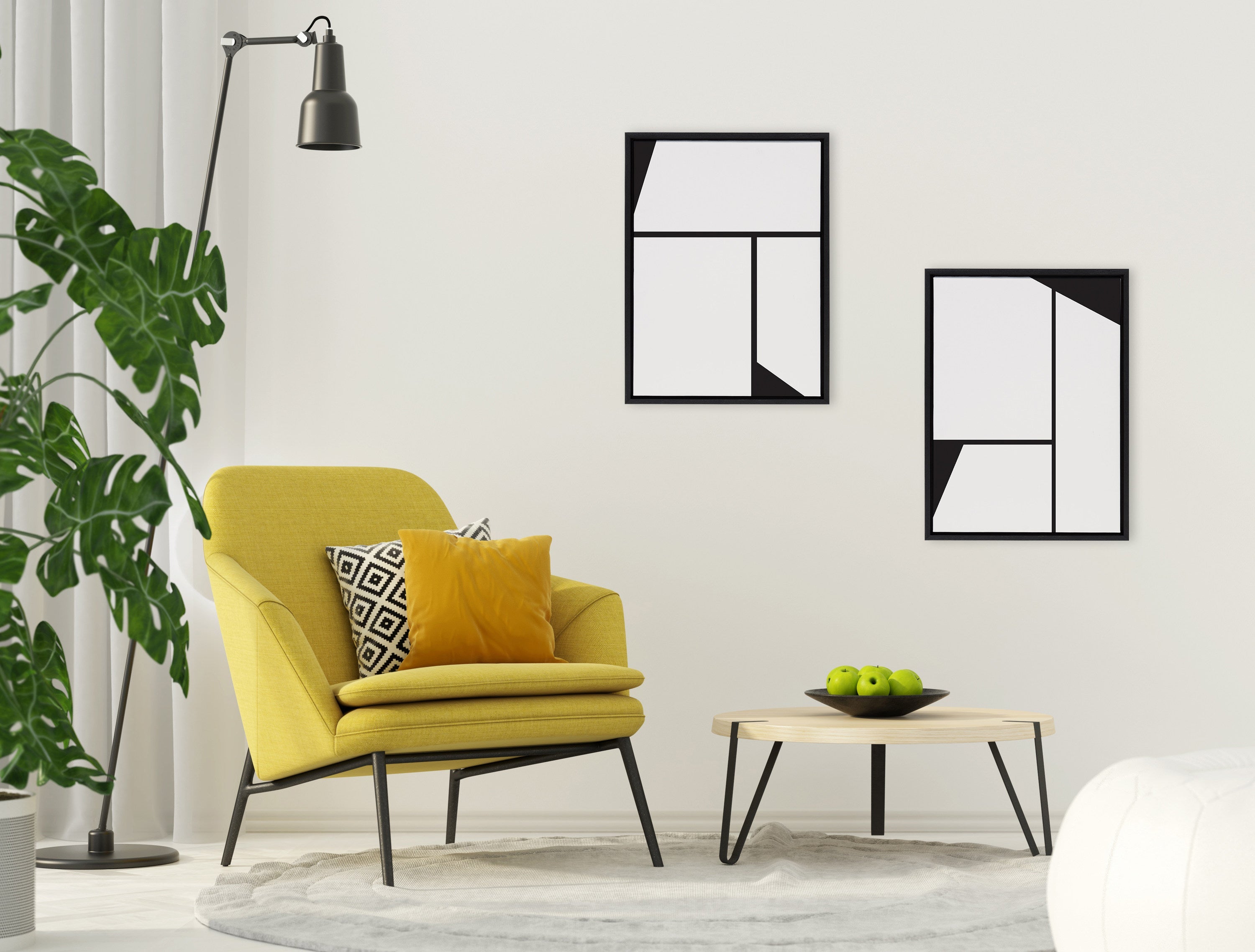 Sylvie Sleek Luxe Minimalist Black and White Abstract Framed Canvas Art Set by The Creative Bunch Studio