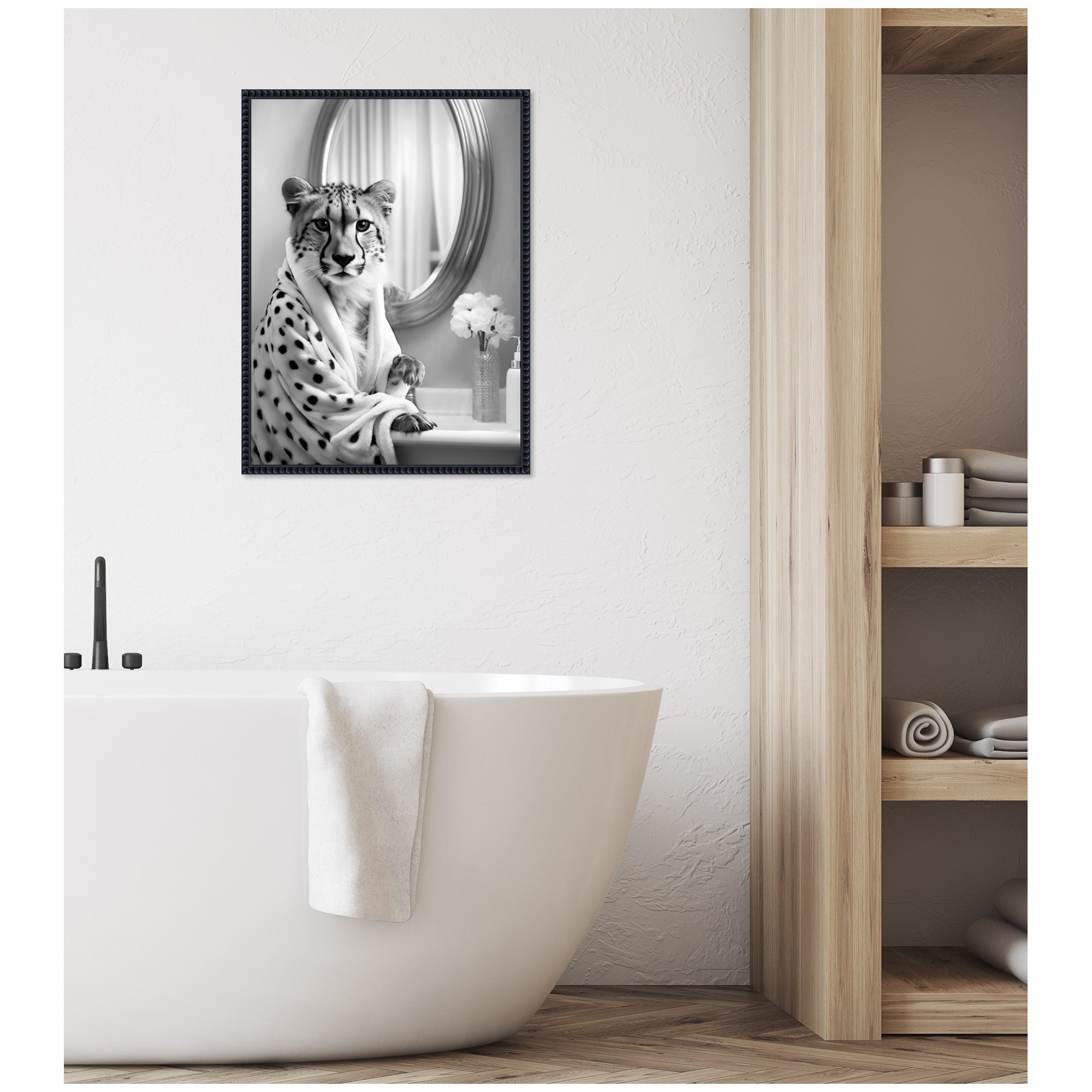 Sylvie Cheetah Glam Bathroom Towel Robe Black and White Framed Canvas by The Creative Bunch Studio
