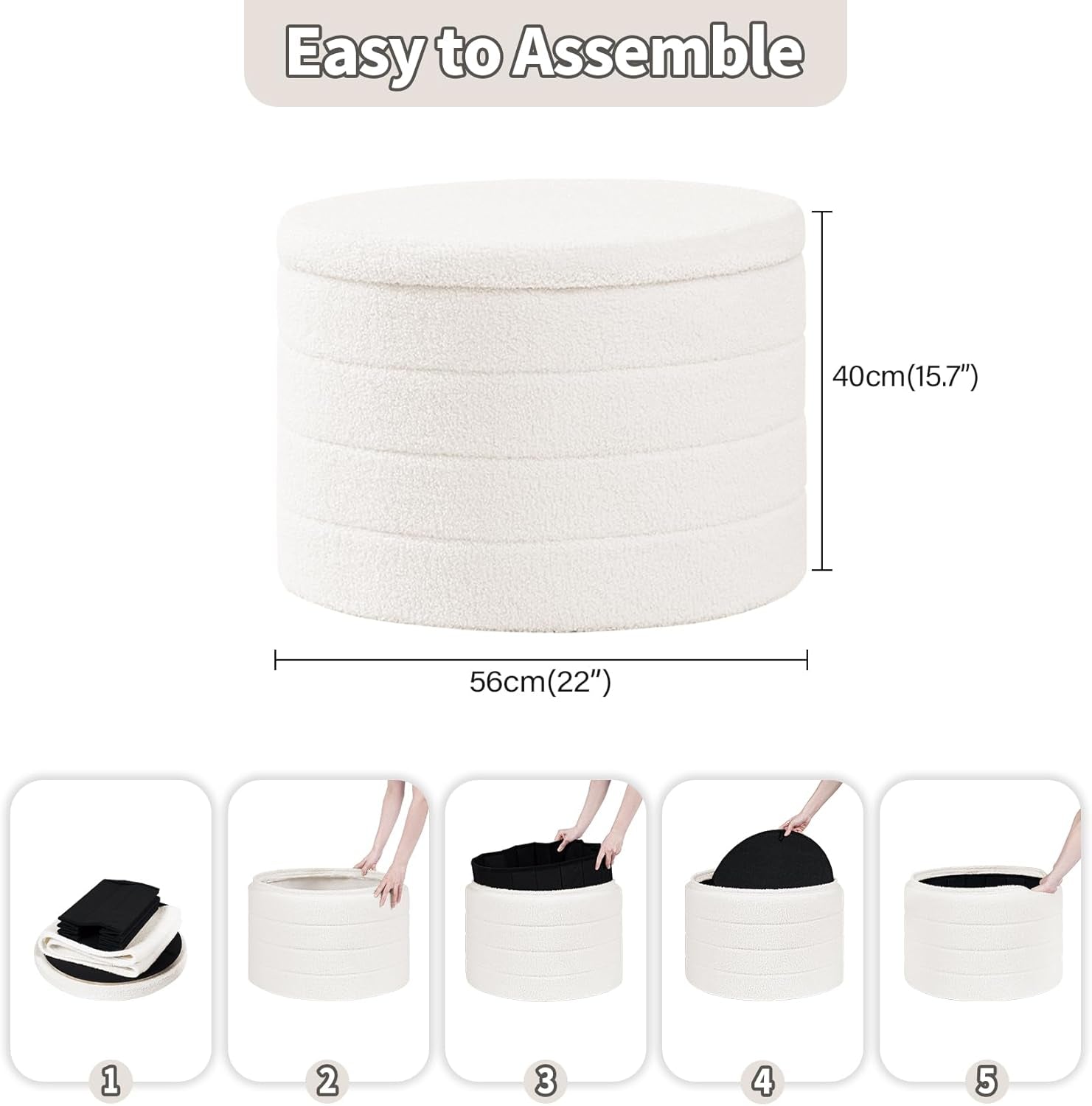 Rounded White Luxurious Boucle Storage Ottoman Lid