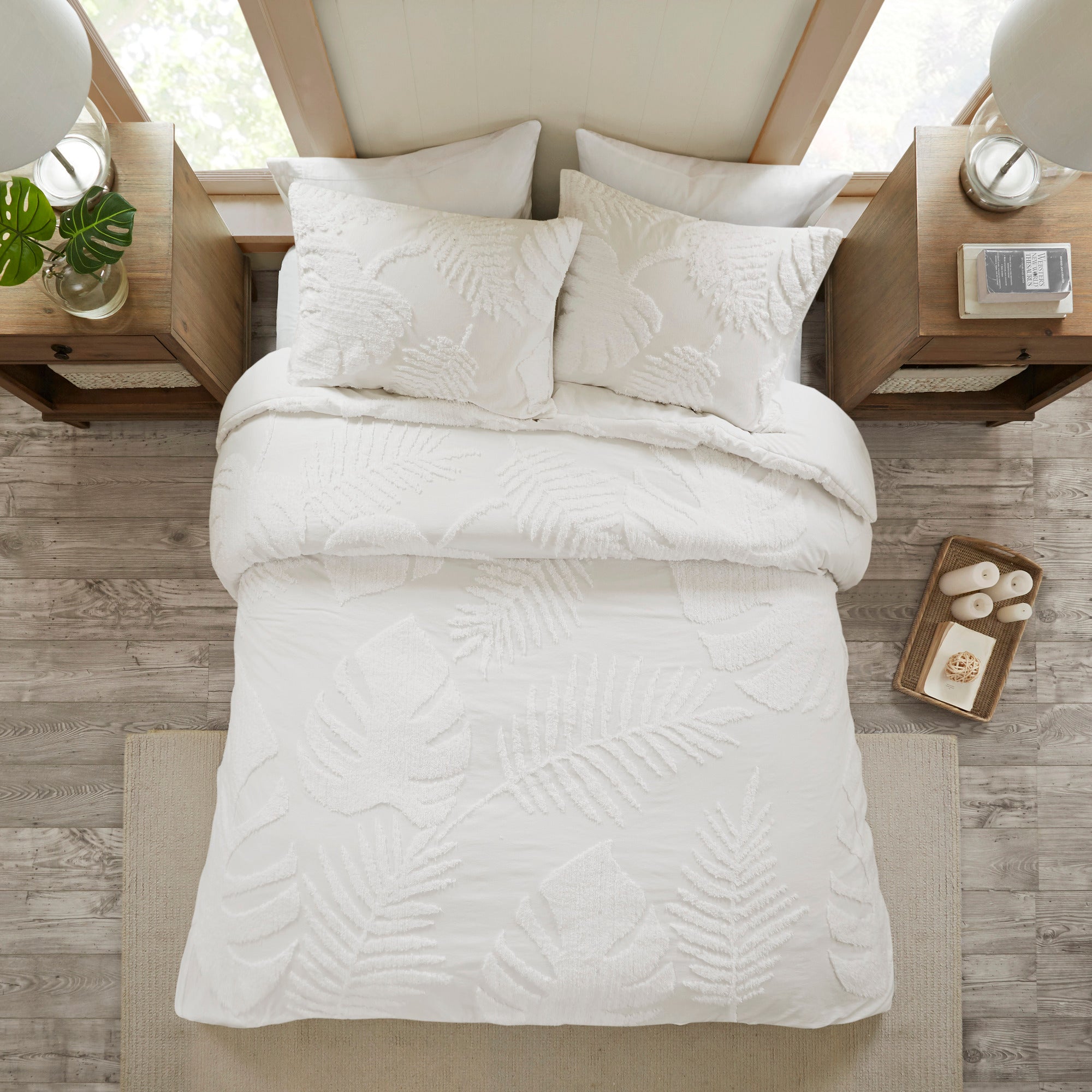 3 Piece Tufted Cotton Chenille Palm Comforter Set Off-White King/Cal King