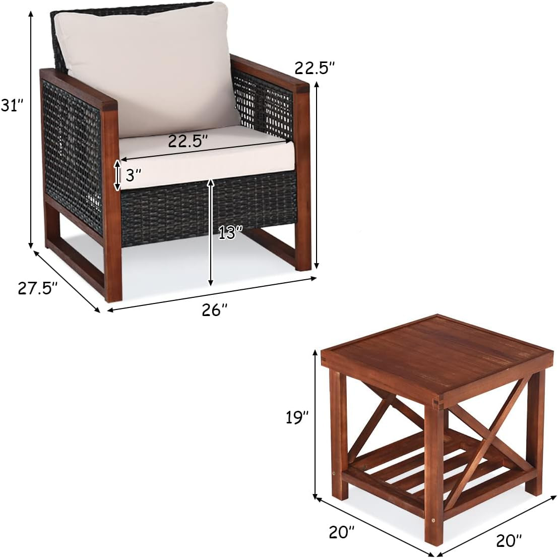 3 Piece Outdoor Patio Furniture Set With Wicker Chairs And Coffee Table Washable Cushions Acacia Wood Frame