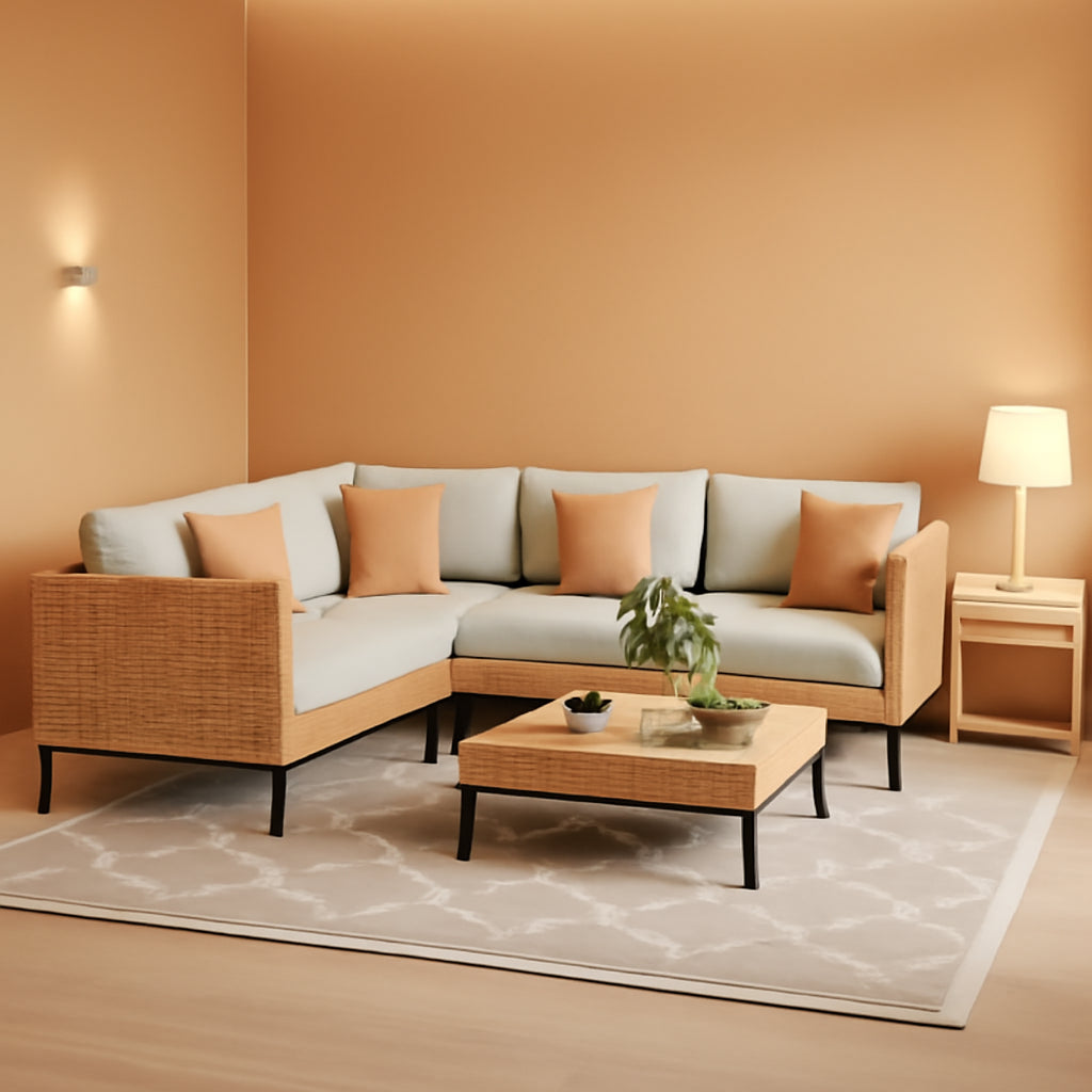 110 Inch Large 7 Piece Wicker Outdoor Patio Set Beige Cushions