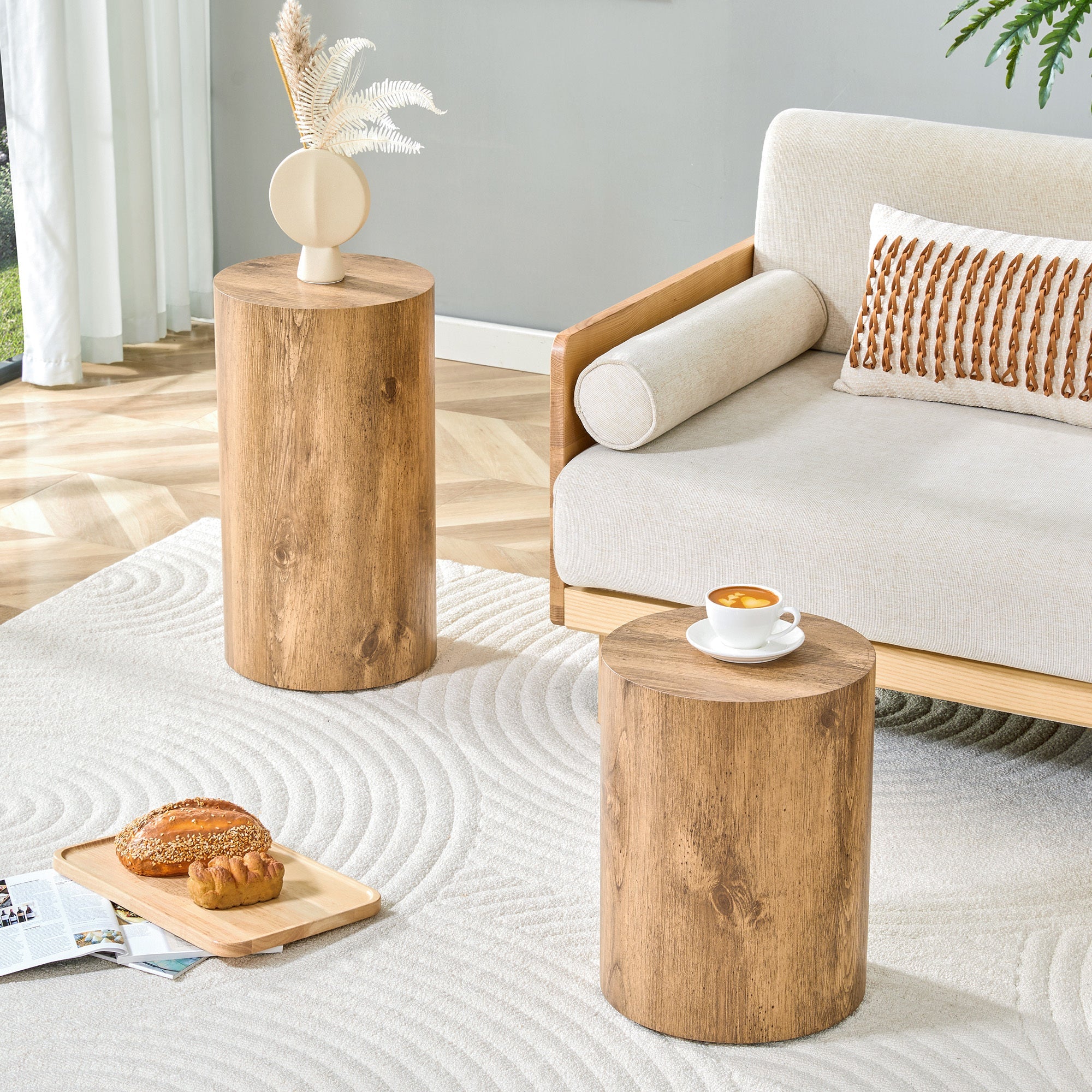 Modern Minimalist Set of Two Wood color Cylinder Coffee Tables