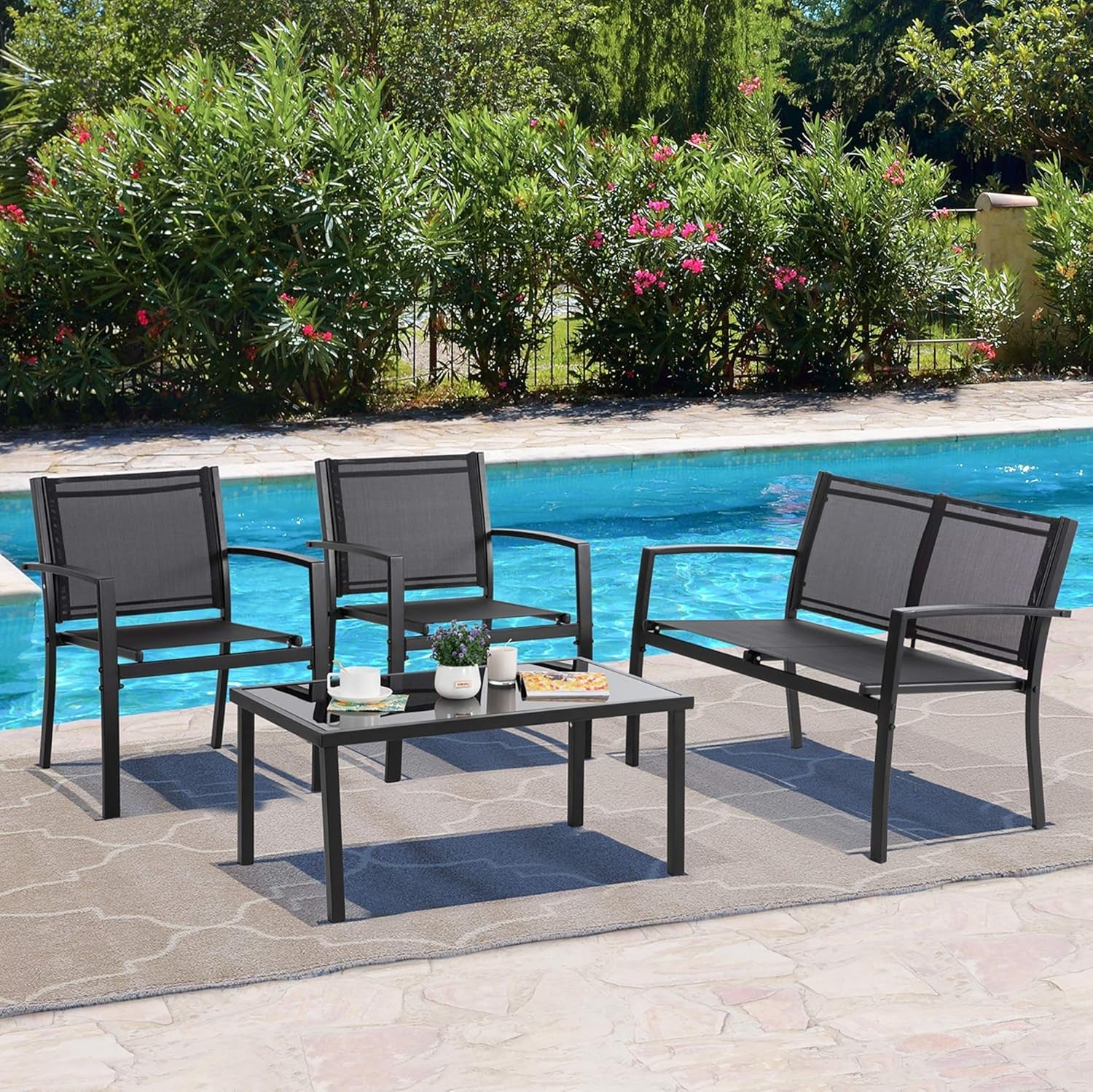 Dark Grey Outdoor Patio Set With Glass Coffee Table