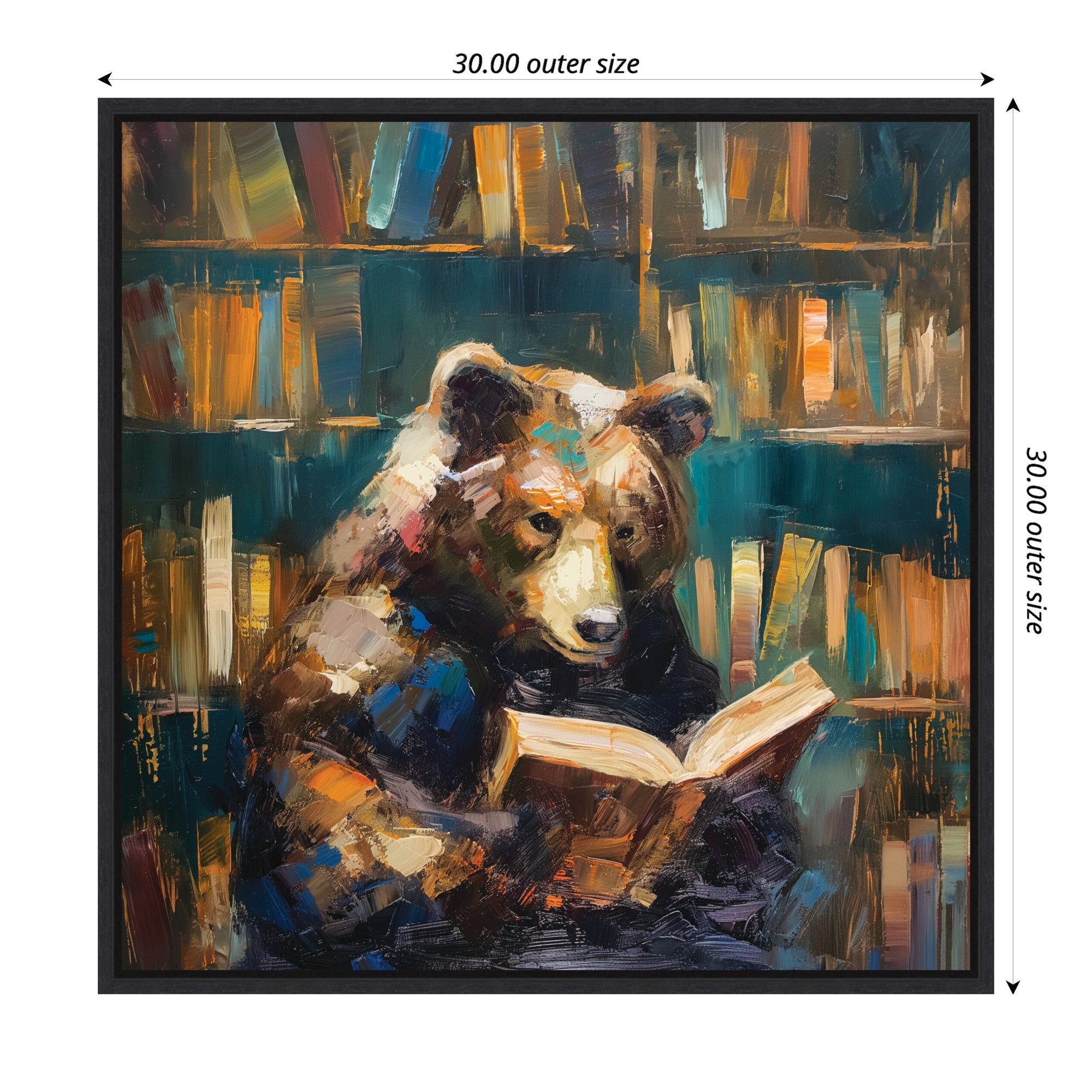 Sylvie Traditional Bear Reading in Library Framed Canvas by The Creative Bunch Studio