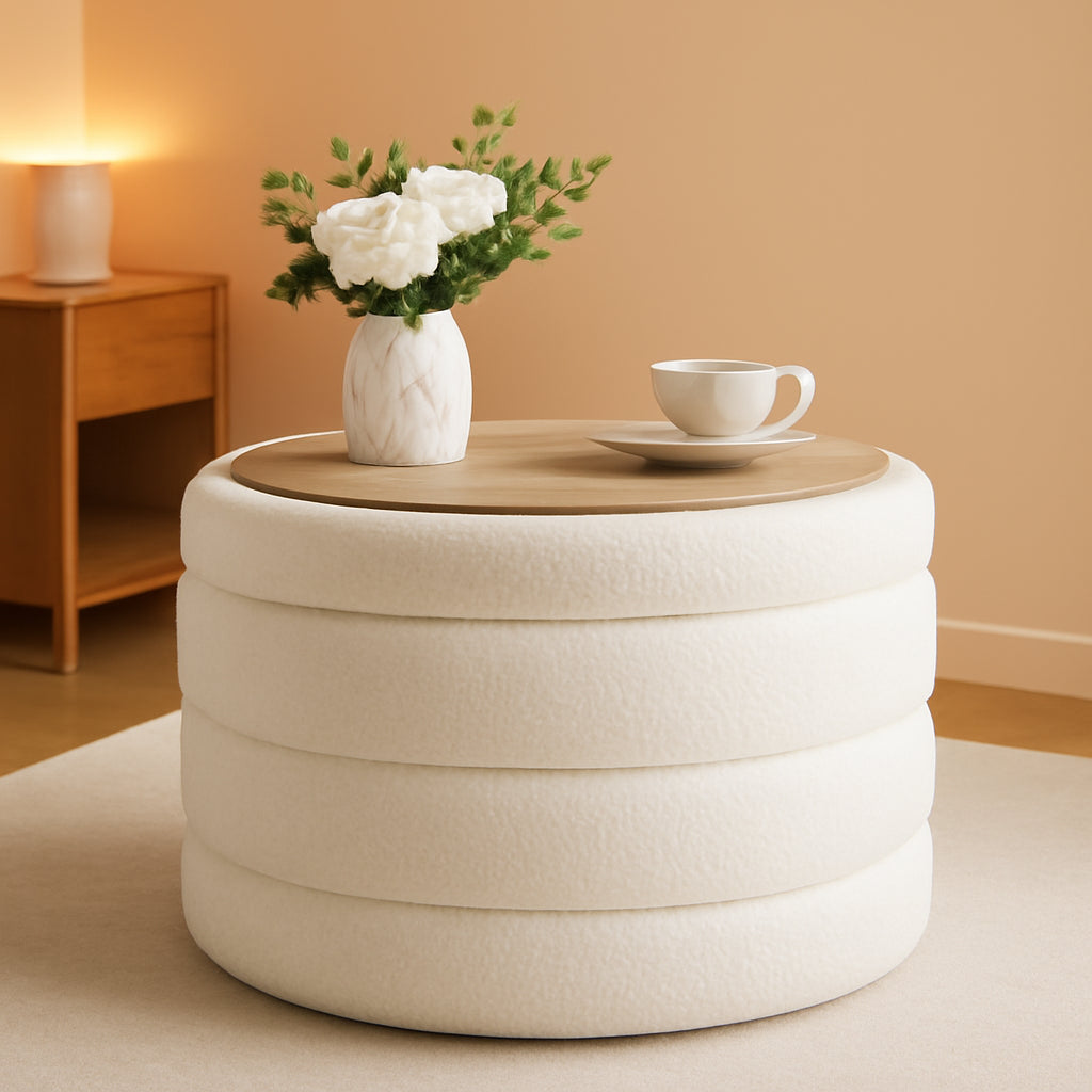 Round Sherpa Boucle Storage Ottoman White 22 Inches