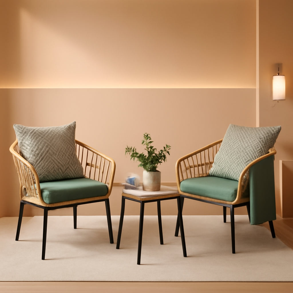 3 Piece Outdoor Patio Furniture Set With Conversation Bistro Tempered Coffee Table And Green Wicker Chairs