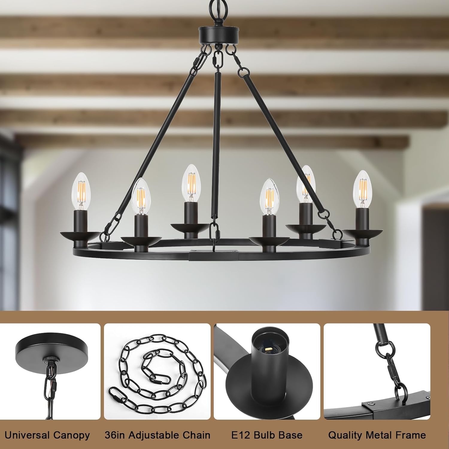 Black Farmhouse Wagon Wheel Chandelier 6 Light Adjustable-3