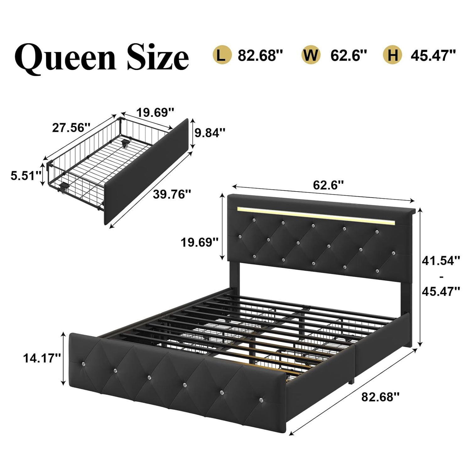 Upholstered Bed Frame With LED Lights, 4 Storage Drawers, Charging Station
