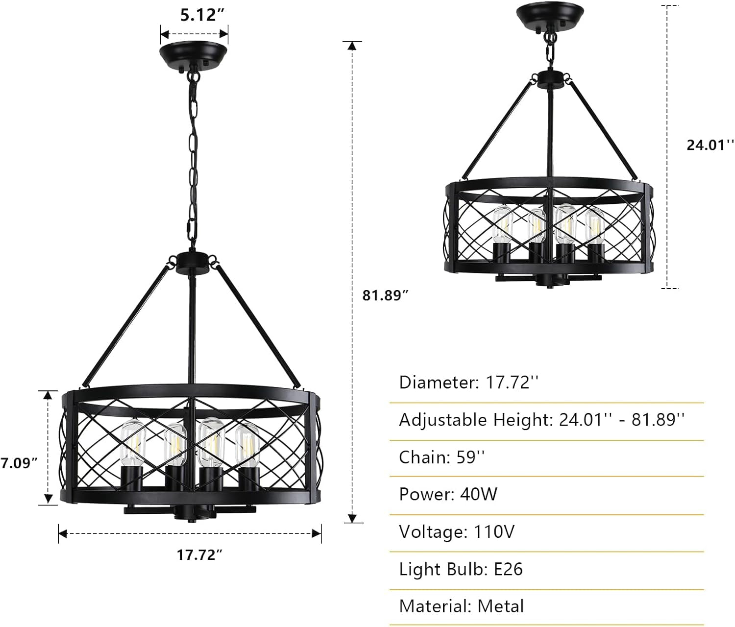 Black Industrial Chandelier Four Light Drum Fixture-1