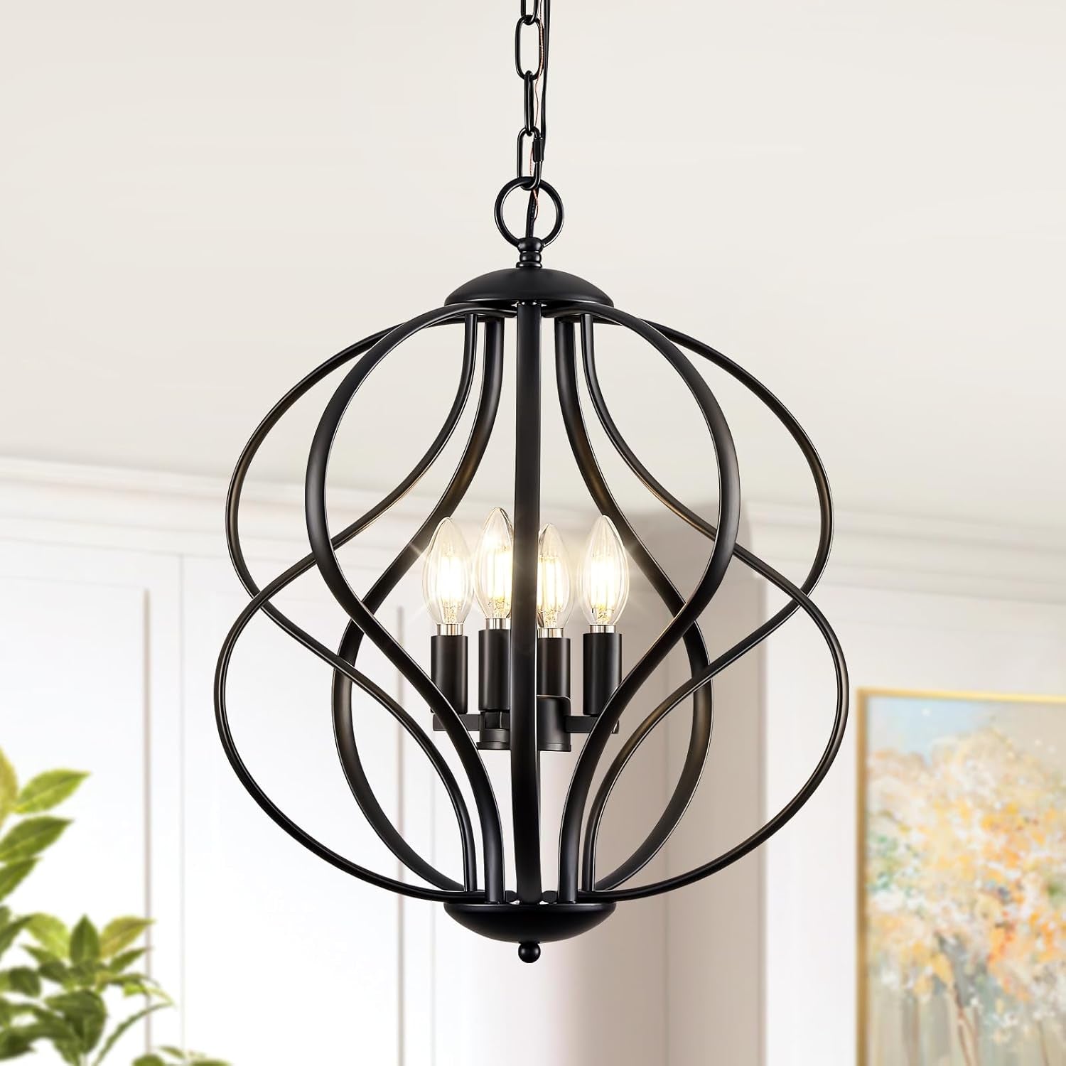 Black 4 Light Geometric Chandelier Pendant Light Dining-0