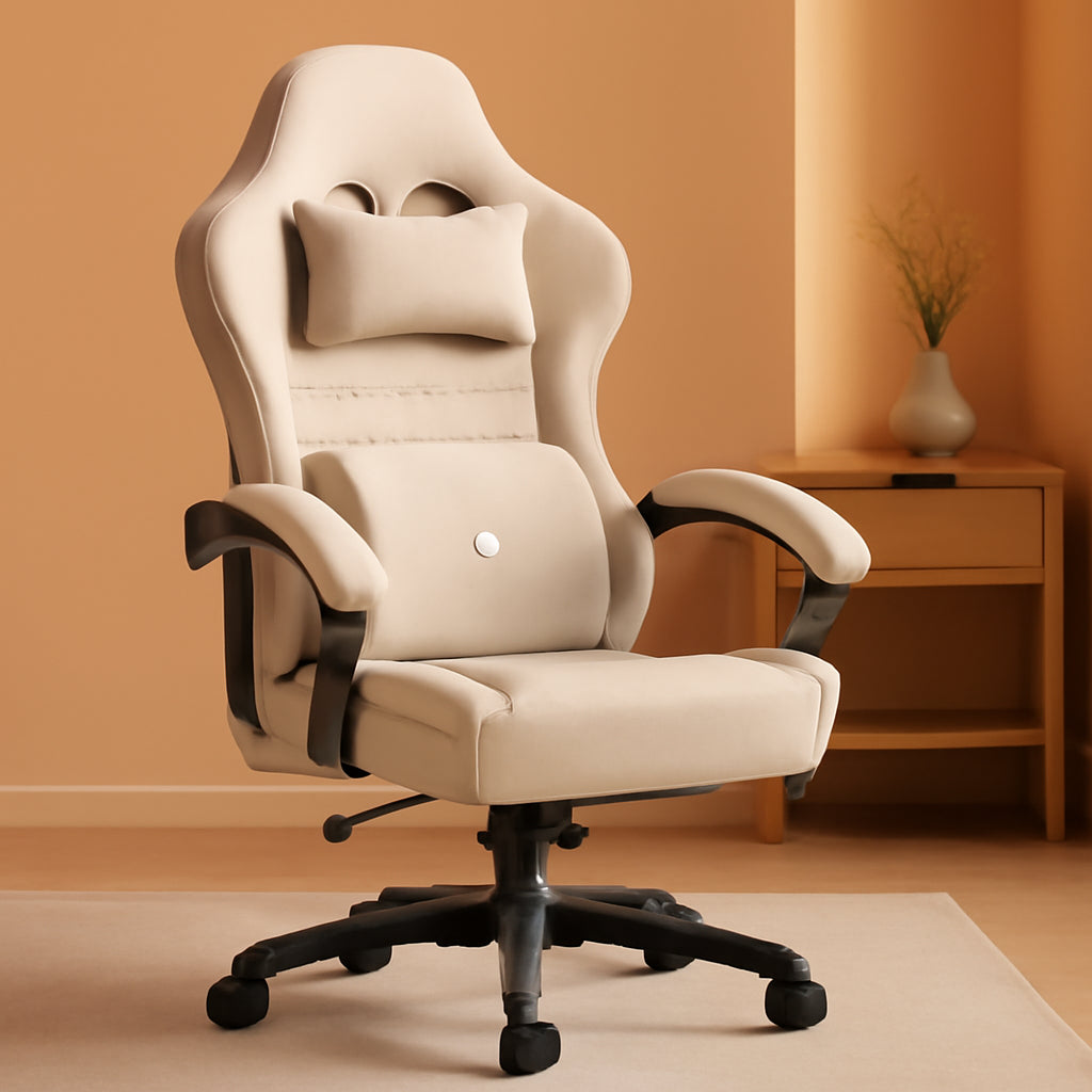 Beige Gaming Chair With Pocket Spring Cushion And Gel Pad