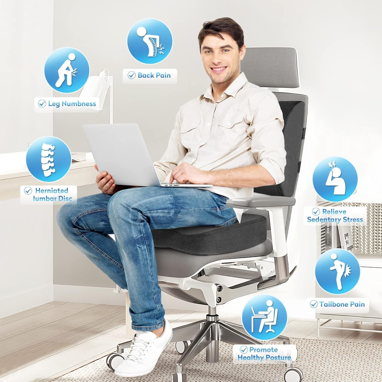 Ergonomic Memory Foam Seat Cushion Grey For Office Chair