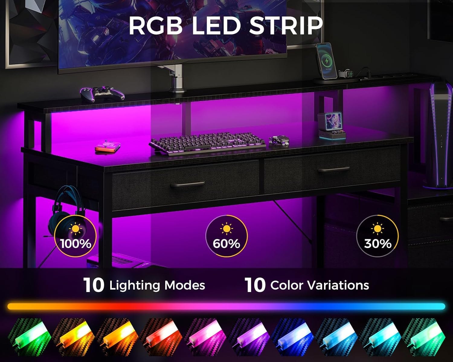 48-Inch Black Gaming Desk With LED Lights And Power Outlets