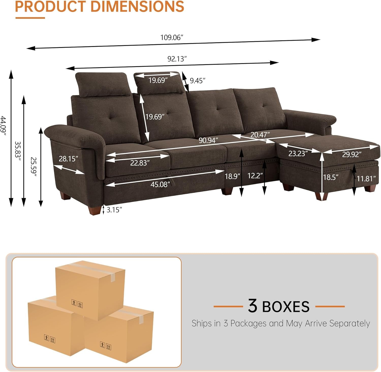 110 Inch Convertible Sectional Sofa With Storage Microfiber L Shaped Couch Ottoman Cup Holders