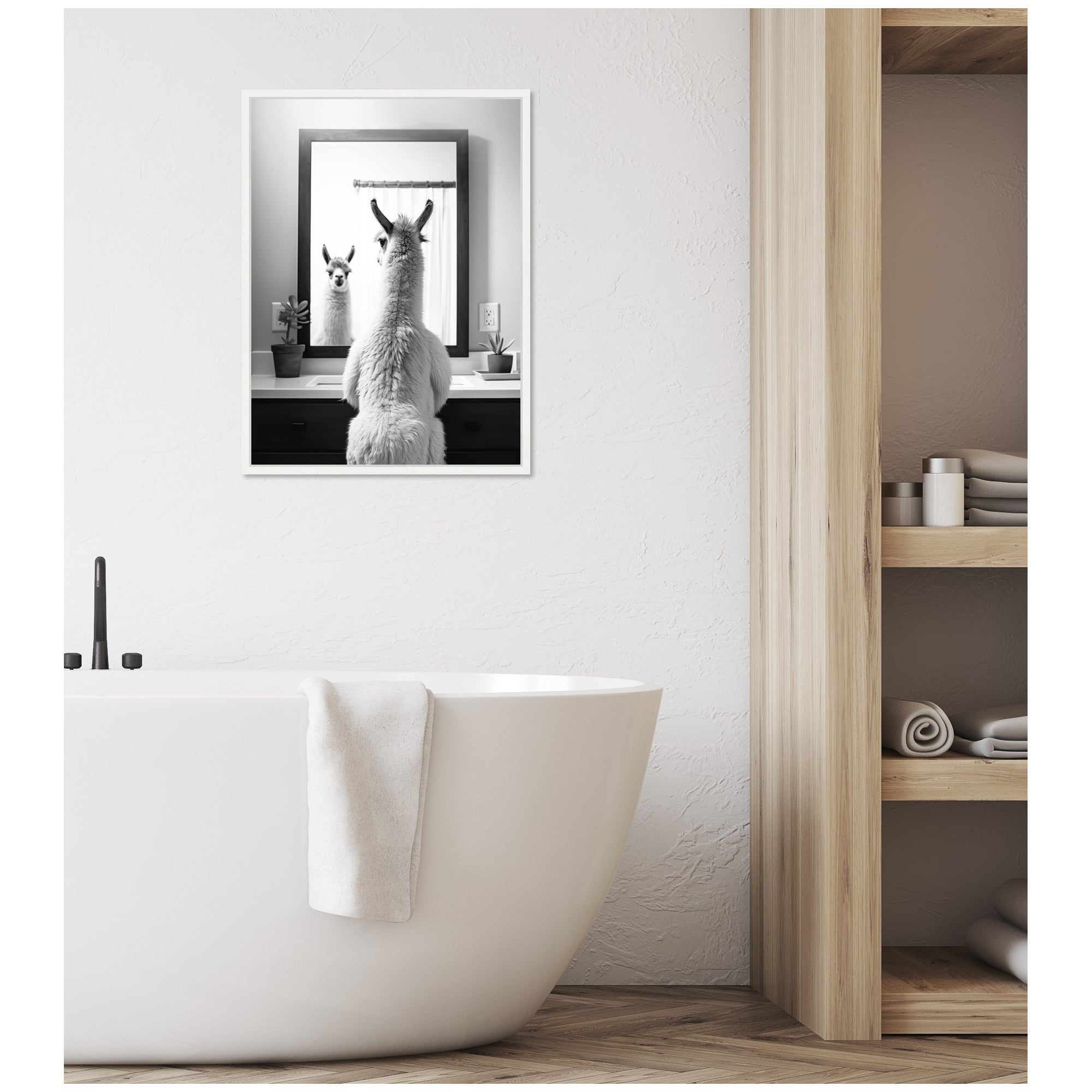 Sylvie Llama Bathroom Art Mirror Black and White Framed Canvas by The Creative Bunch Studio