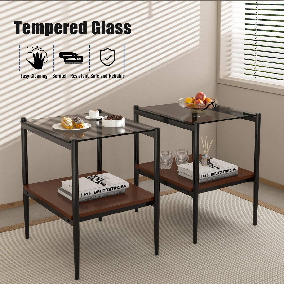 Rectangle End Table Set with Gray Tempered Glass Tops - Gray