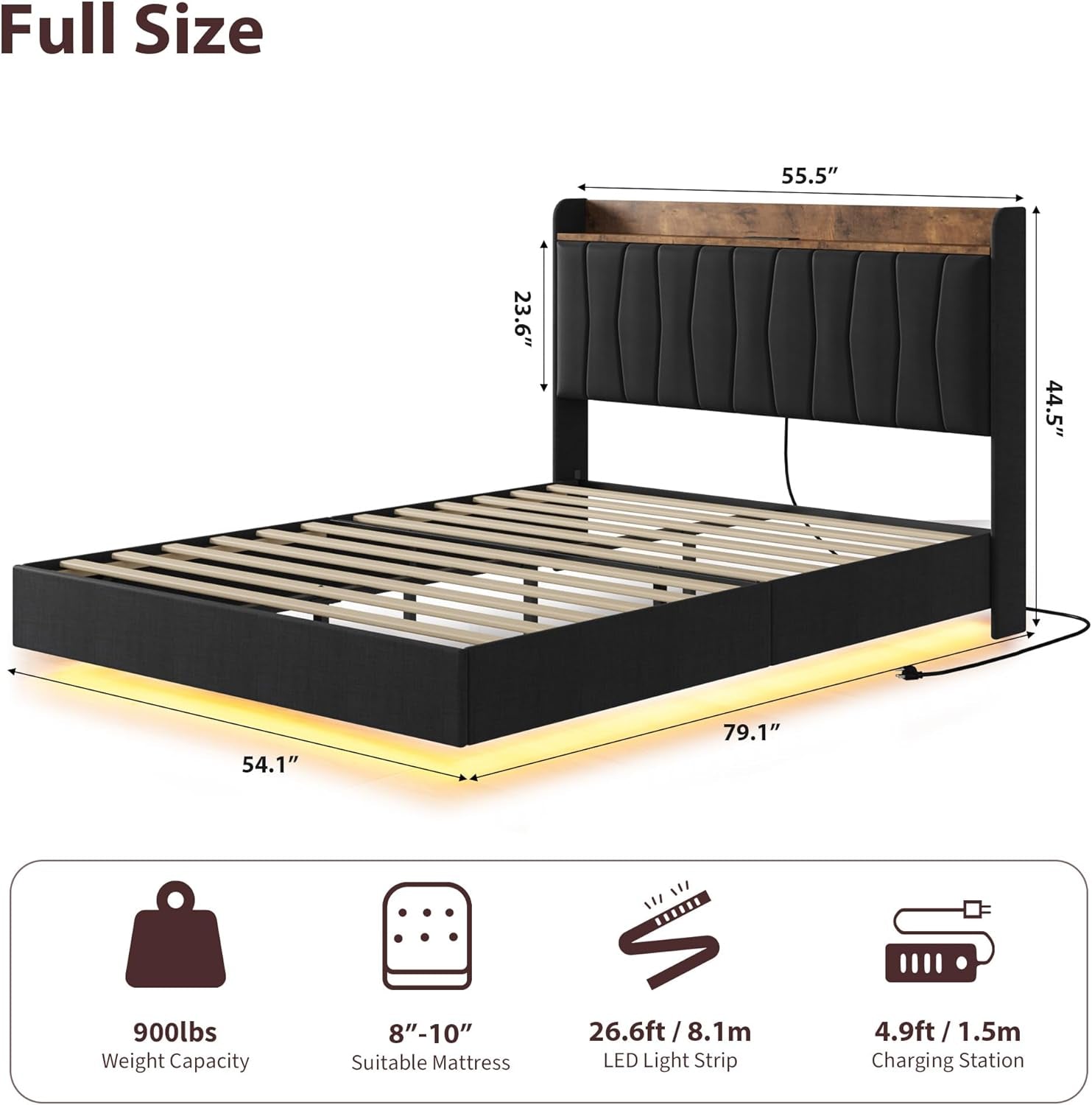 Black Floating Full Bed Frame With Storage Headboard