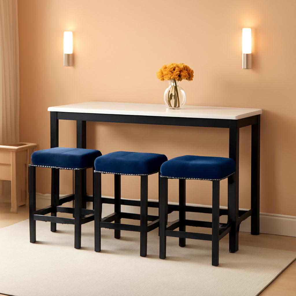 Blue Velvet Bar Table Set With Faux Marble Top 4 Piece