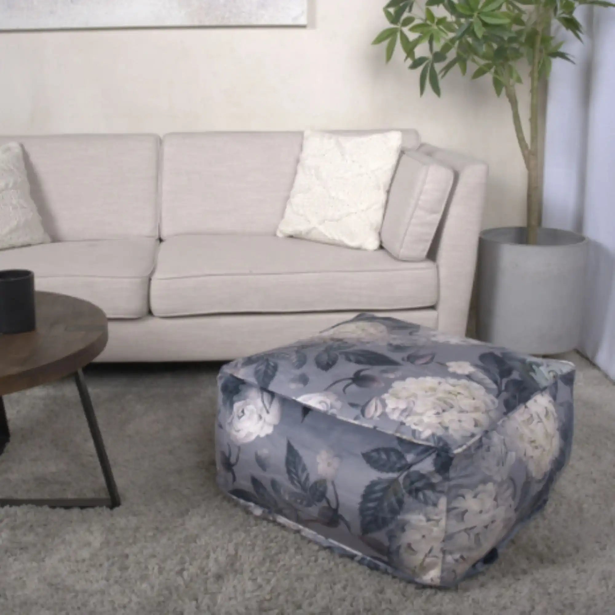Hazel Large Square Pouf With Flower Print