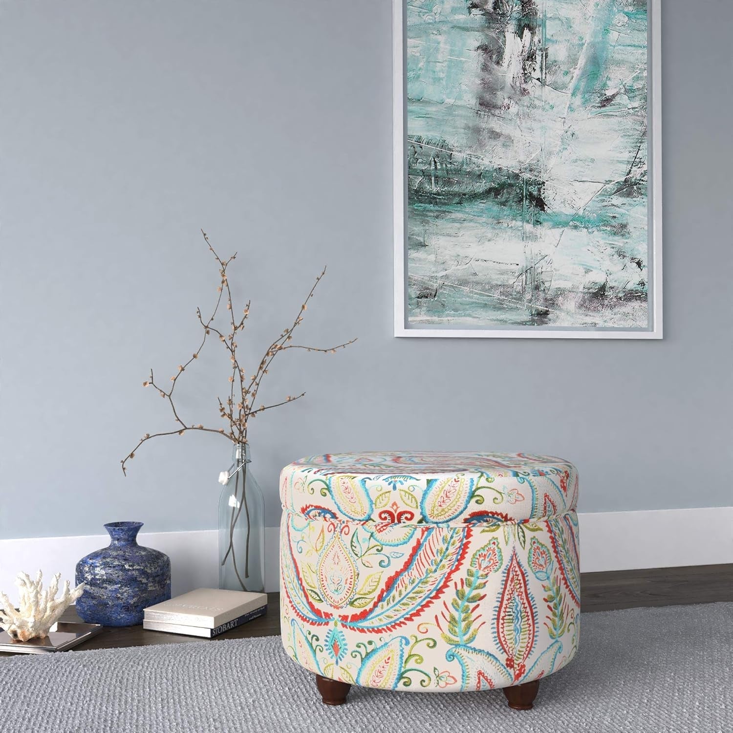 Large Upholstered Round Storage Ottoman Living Room