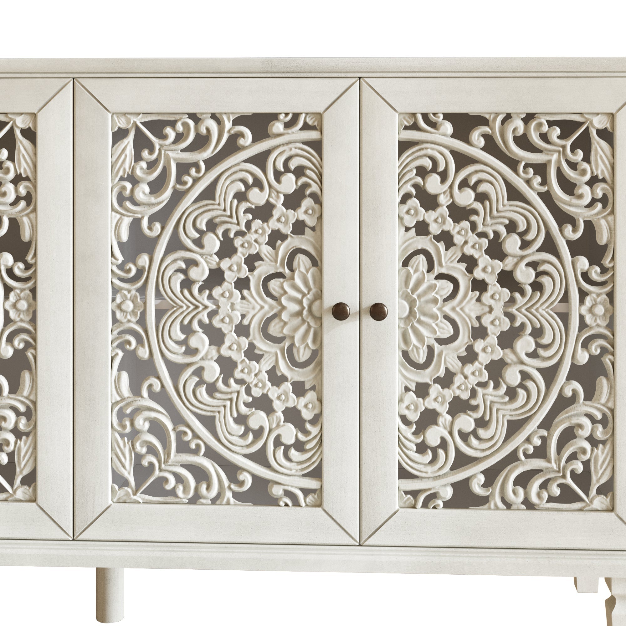 60" Antique Buffet Cabinet with Floral Carvings and Solid Wood Legs
