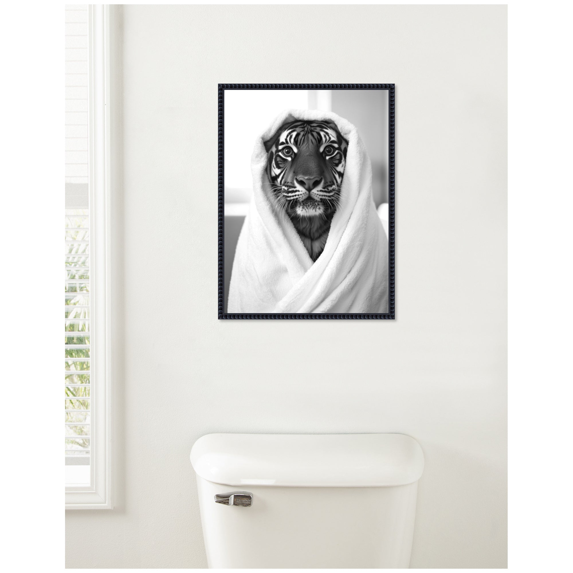 Sylvie Tiger Bathroom Art Towel Robe Black and White Framed Canvas by The Creative Bunch Studio