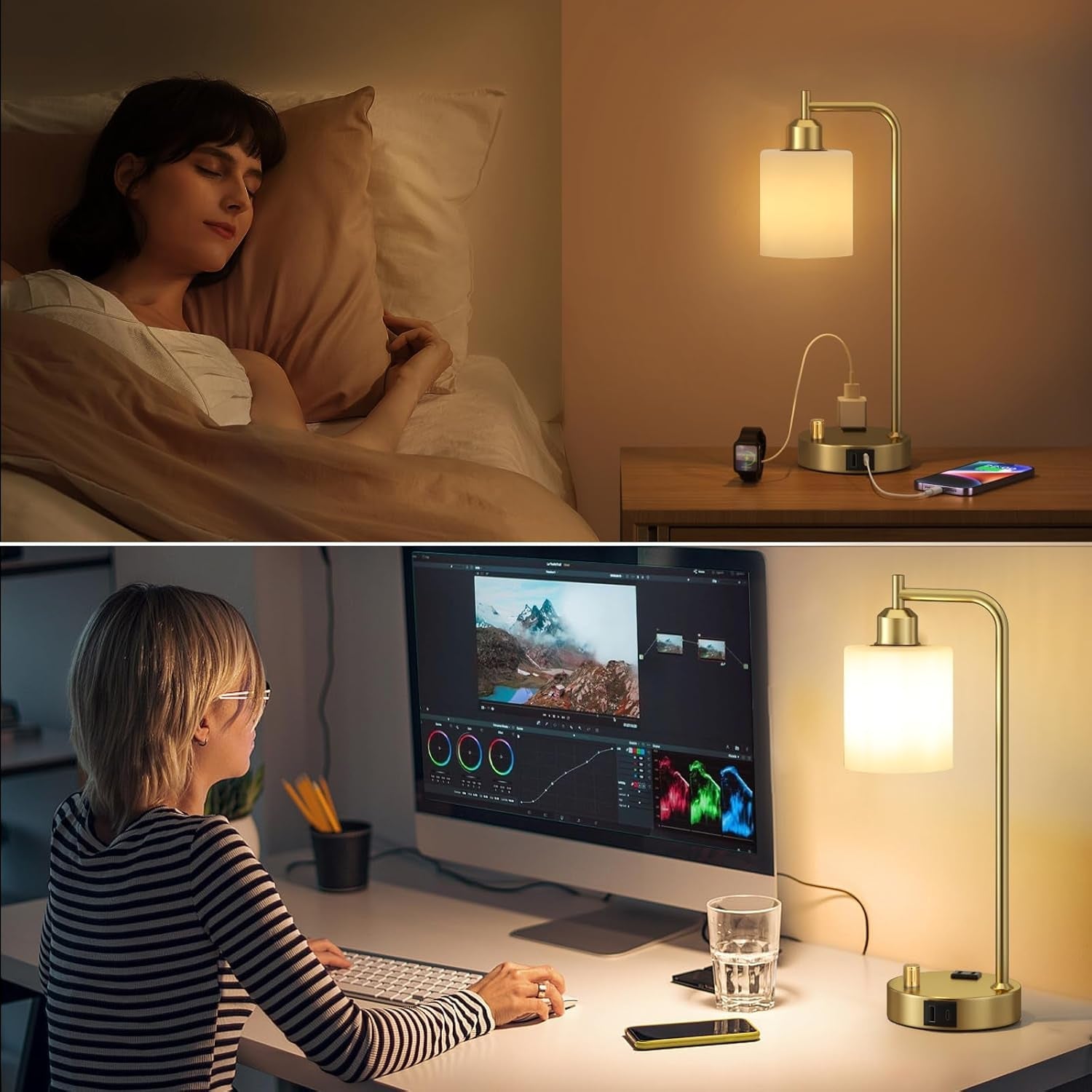 Industrial Table Lamps With USB Ports Dimmable Gold Shade